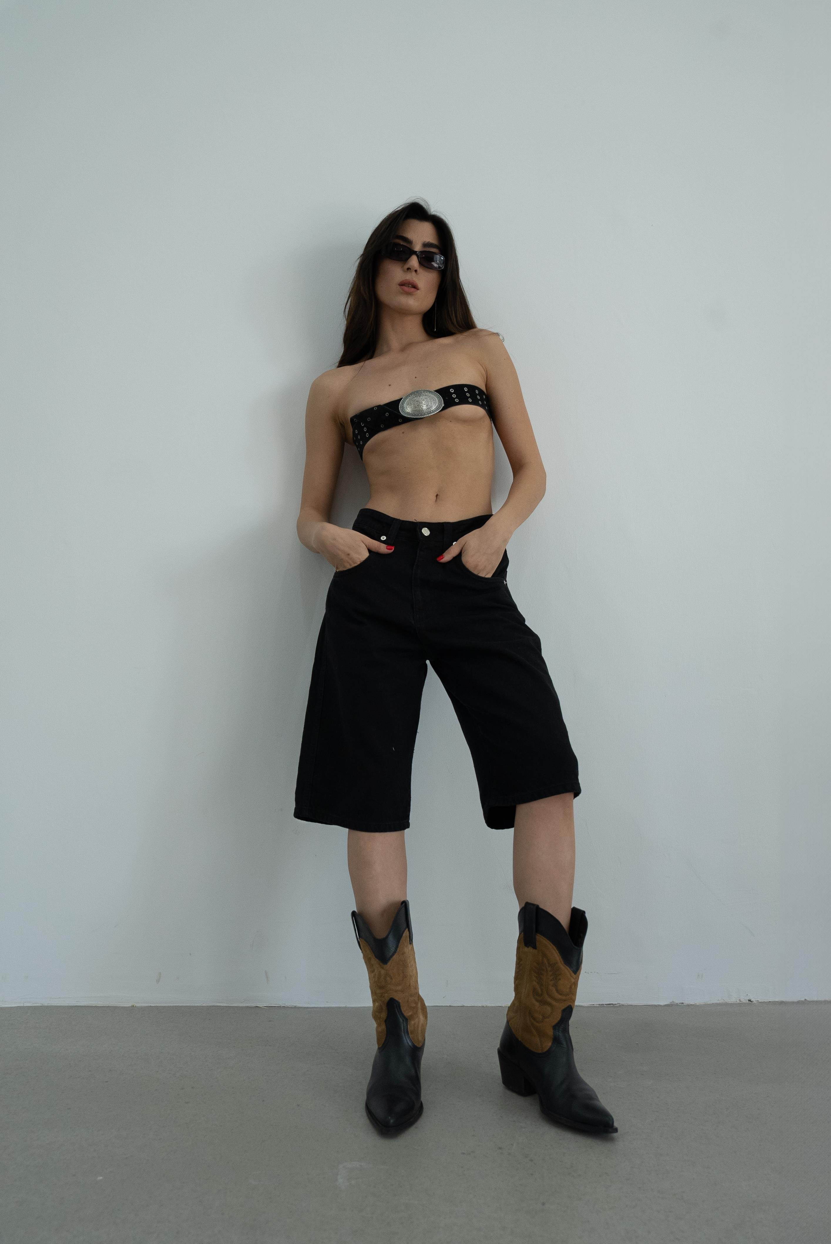 Siyah Denim Bermuda Şort