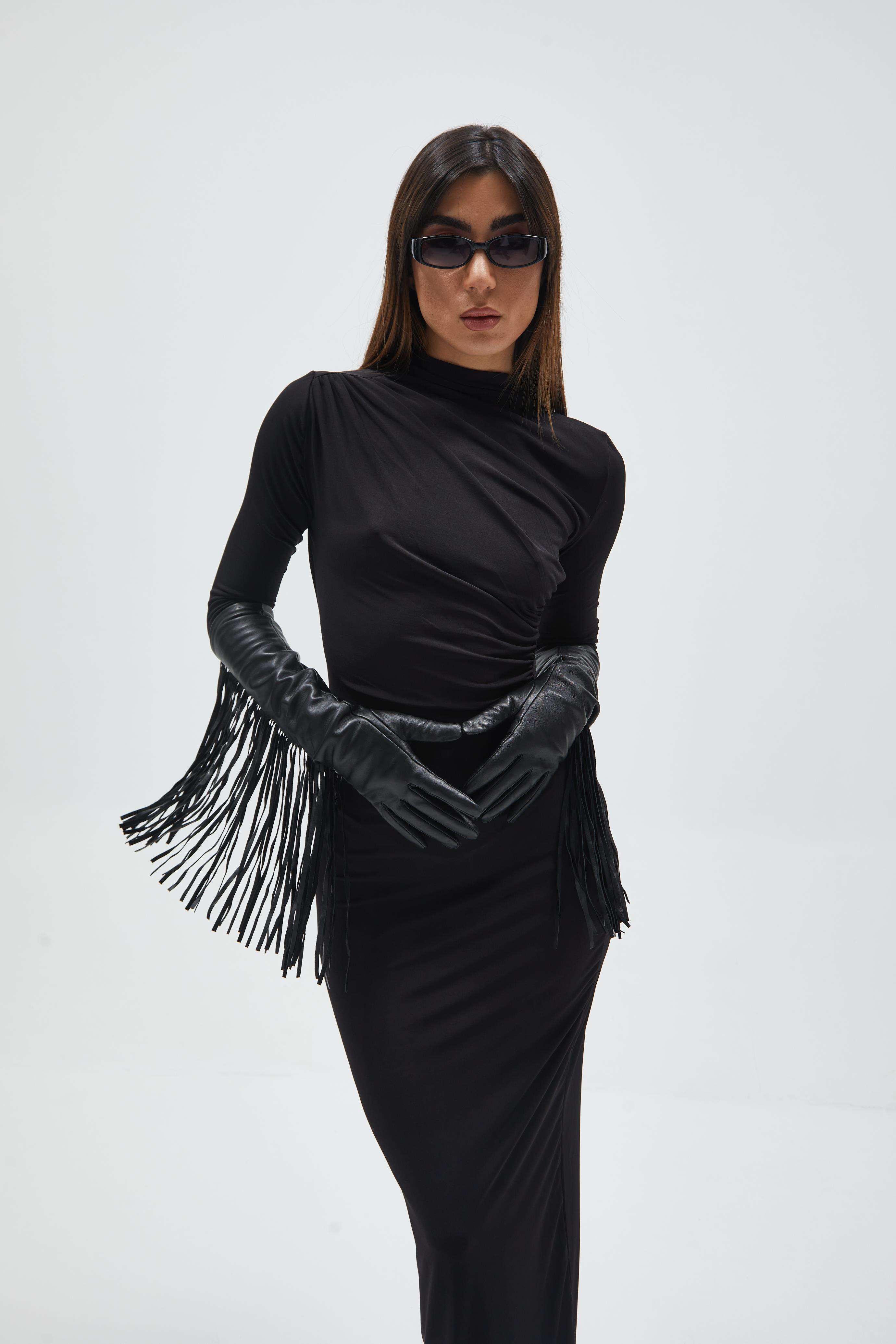 Siyah Drape Detaylı Elbise