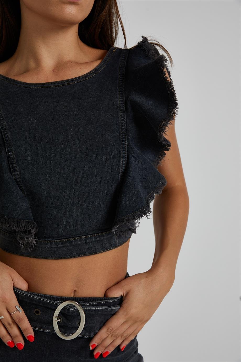 Volanlı Denim Top