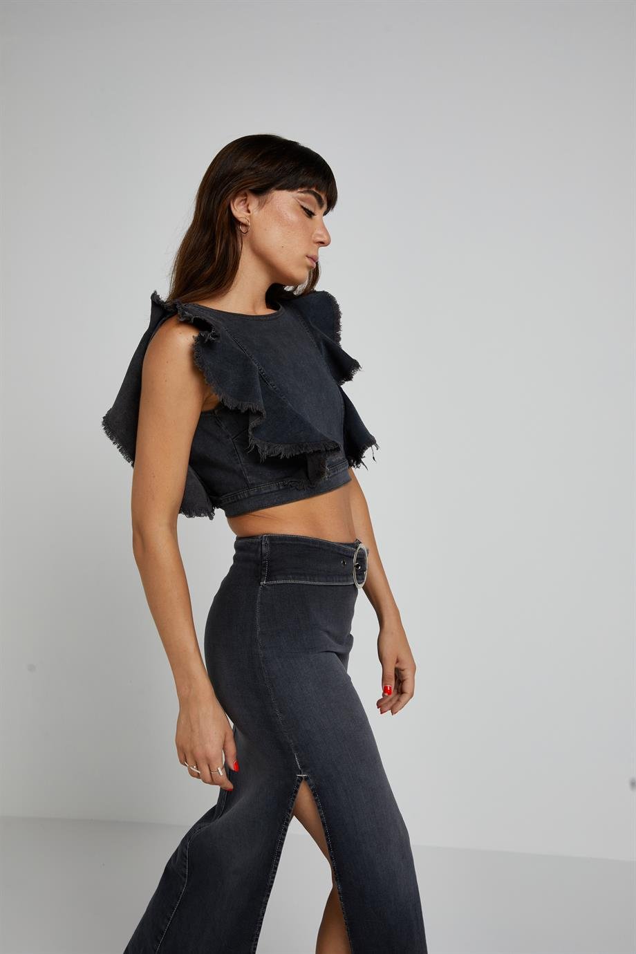 Volanlı Denim Top