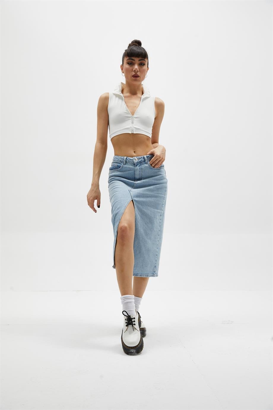 Yırtmaçlı Denim Midi Etek