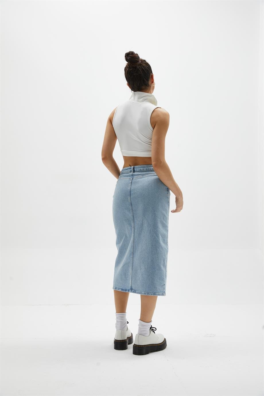 Yırtmaçlı Denim Midi Etek