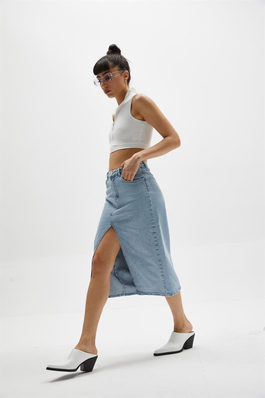 Yırtmaçlı Denim Midi Etek