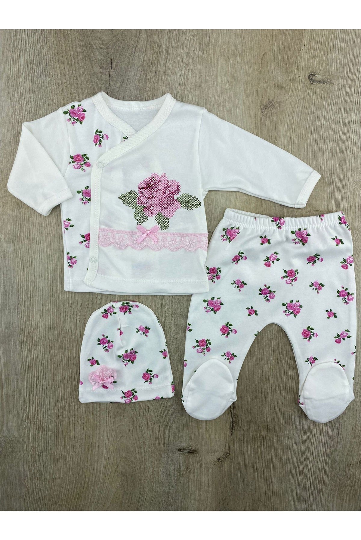 #260102 Gül Nakışlı Dantelli 3LüZıbın Takımı