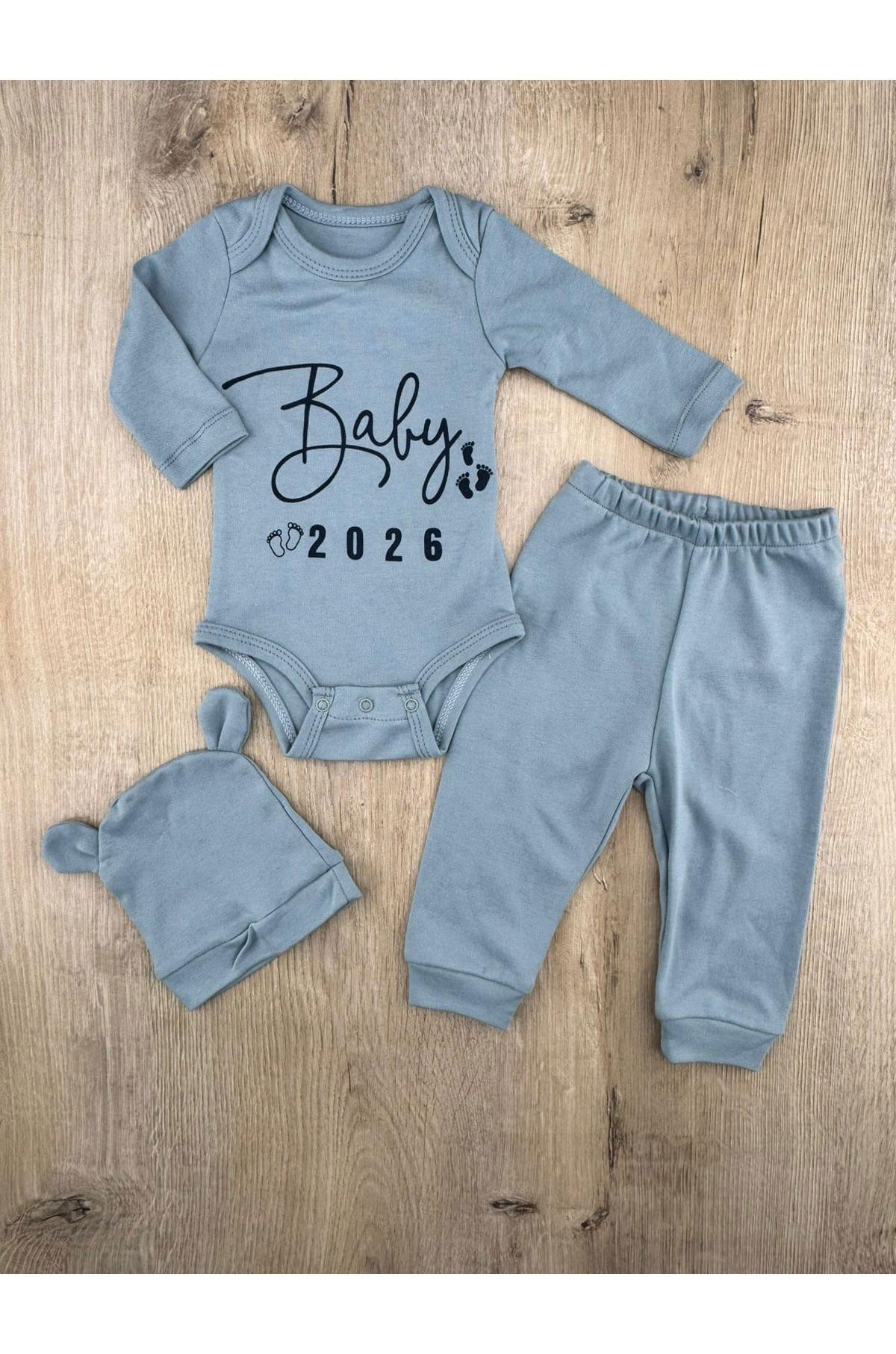 #260143 (3-12 Ay) Baby Yazılı Çıtçıtlı Badili Şapkalı Takım