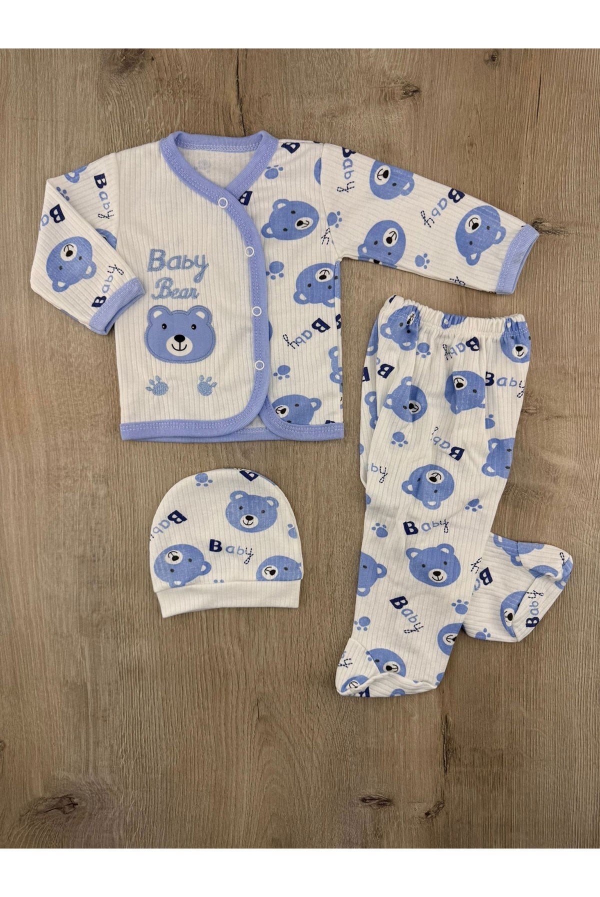 #260268 (0-3 Ay) Bear Ayıcık Desenli Şapkalı Zıbın Takımı