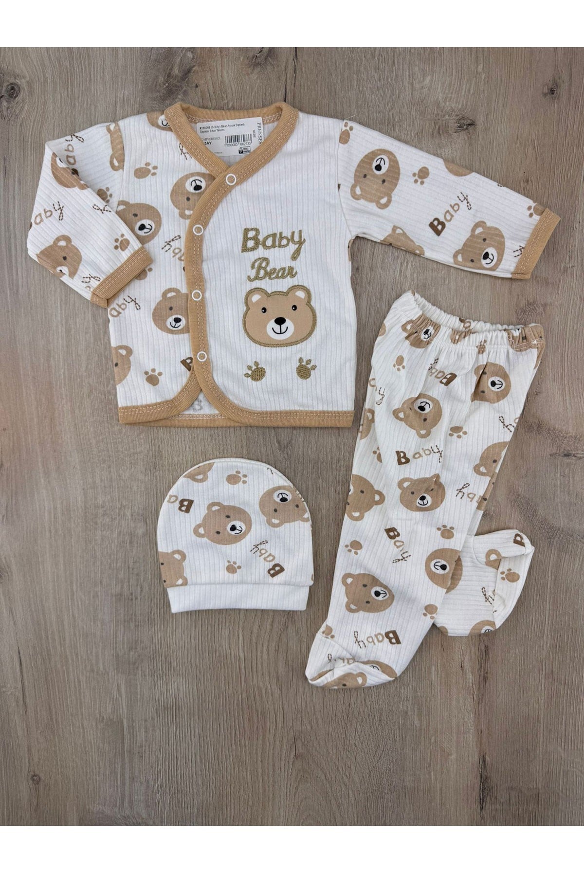 #260268 (0-3 Ay) Bear Ayıcık Desenli Şapkalı Zıbın Takımı
