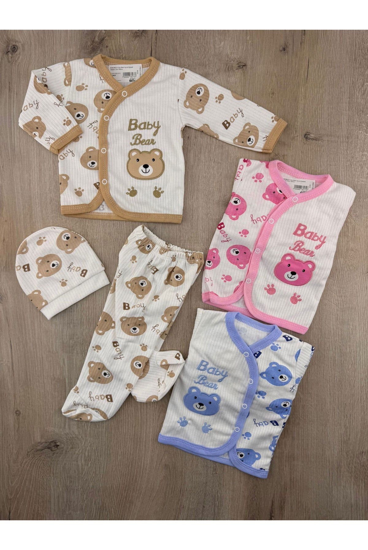 #260268 (0-3 Ay) Bear Ayıcık Desenli Şapkalı Zıbın Takımı