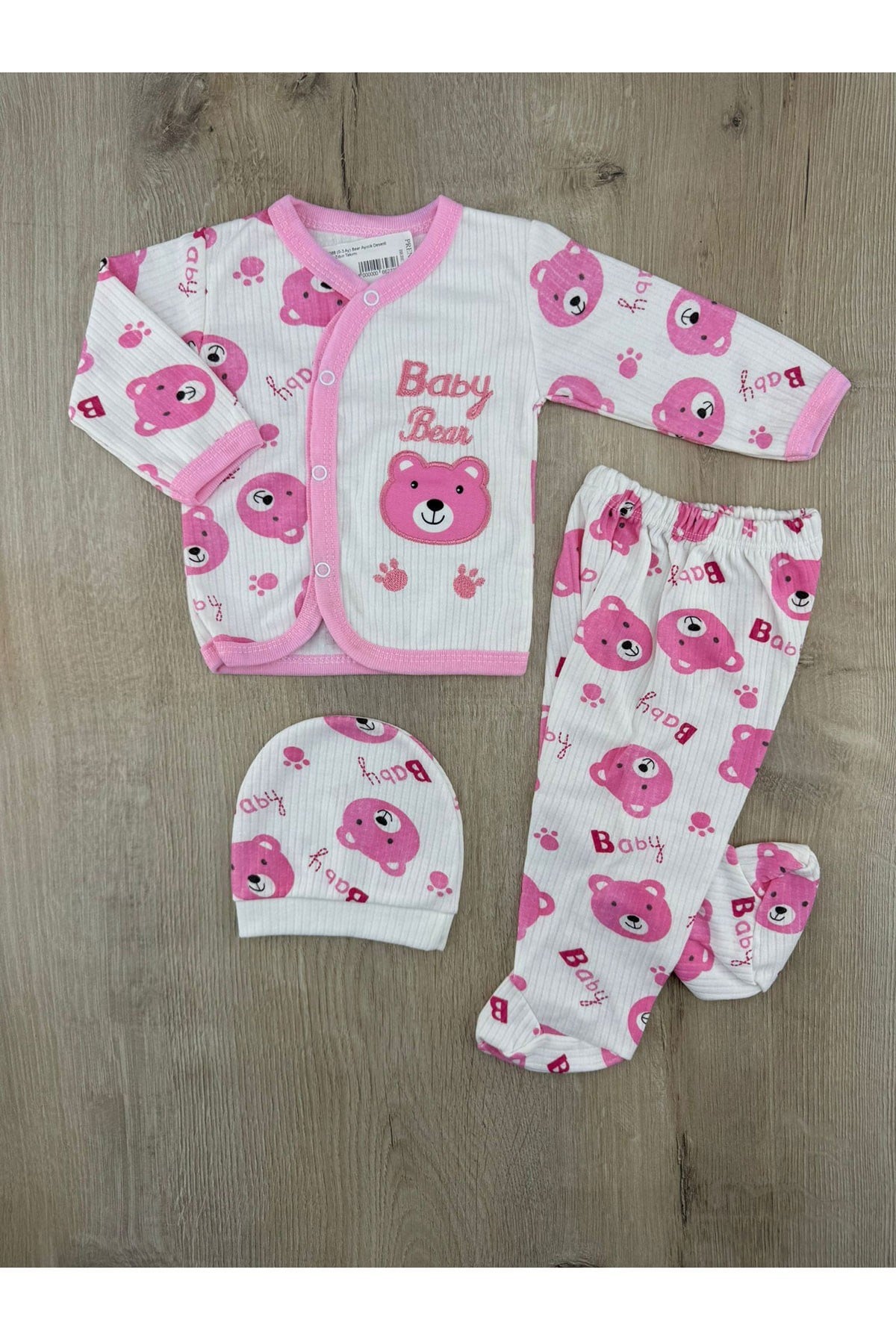 #260268 (0-3 Ay) Bear Ayıcık Desenli Şapkalı Zıbın Takımı