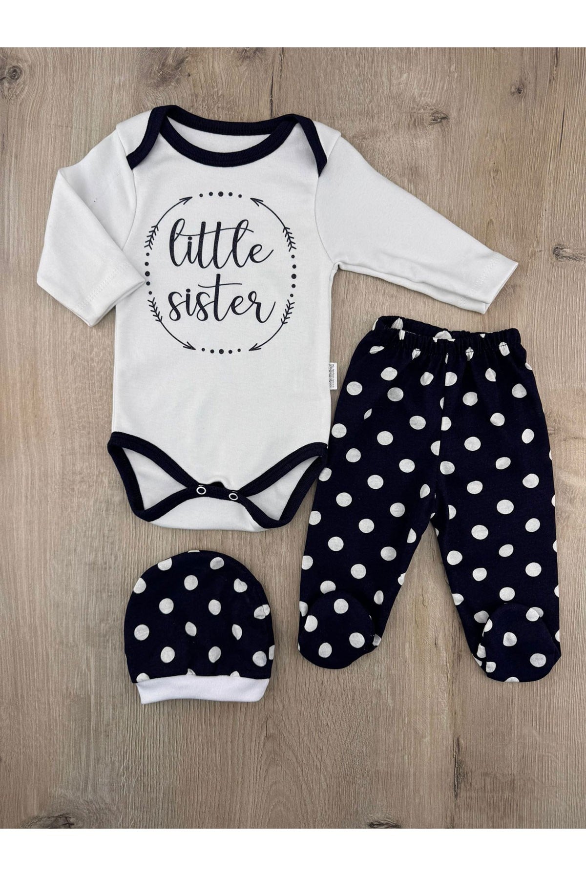 #260305 (3ay-6ay) Little Sister Desenli Çıtçıtlı Badili Şapkalı Takım