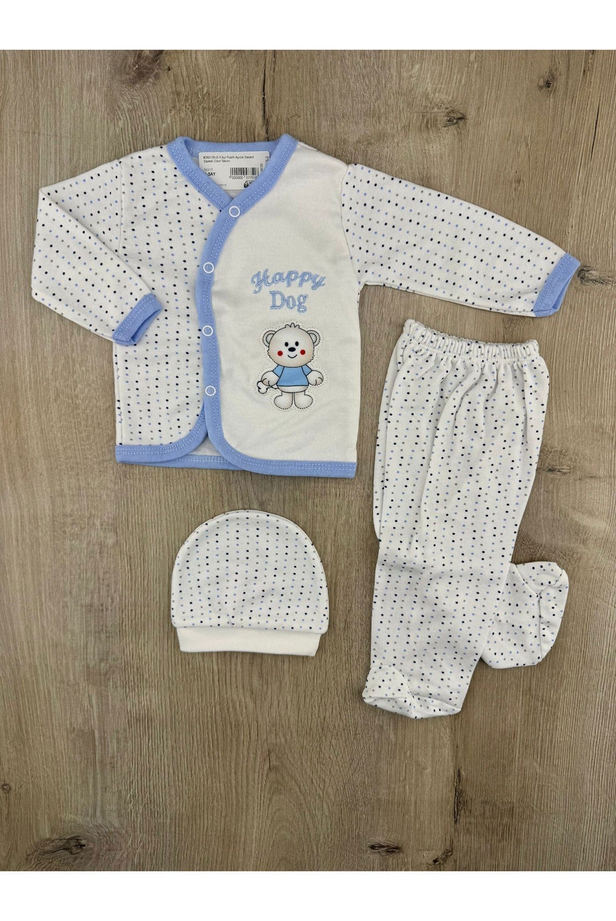 #260354 (0-3 Ay) Puanlı Ayıcık Desenli Şapkalı Zıbın Takımı