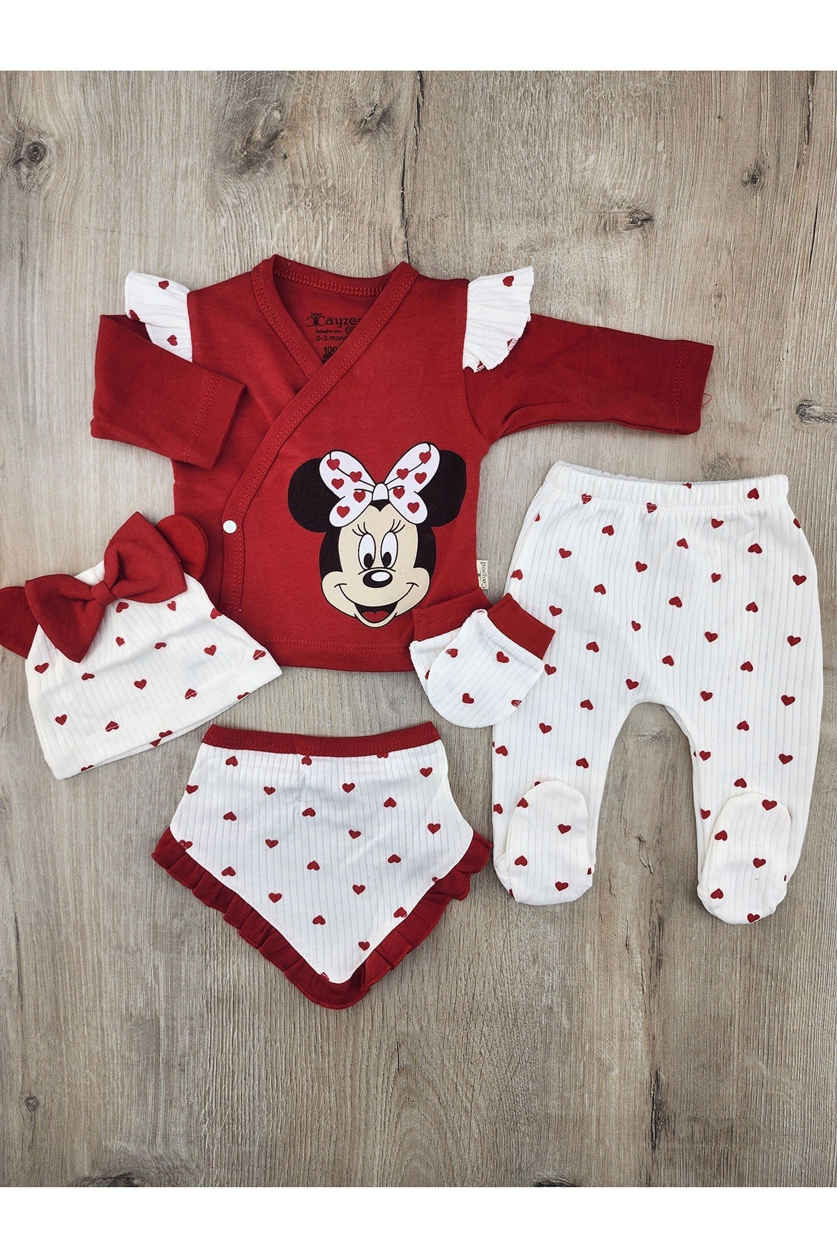#260426 (0-3 Ay) Minnie Desenli Kalpli 5Li Zıbın Takımı
