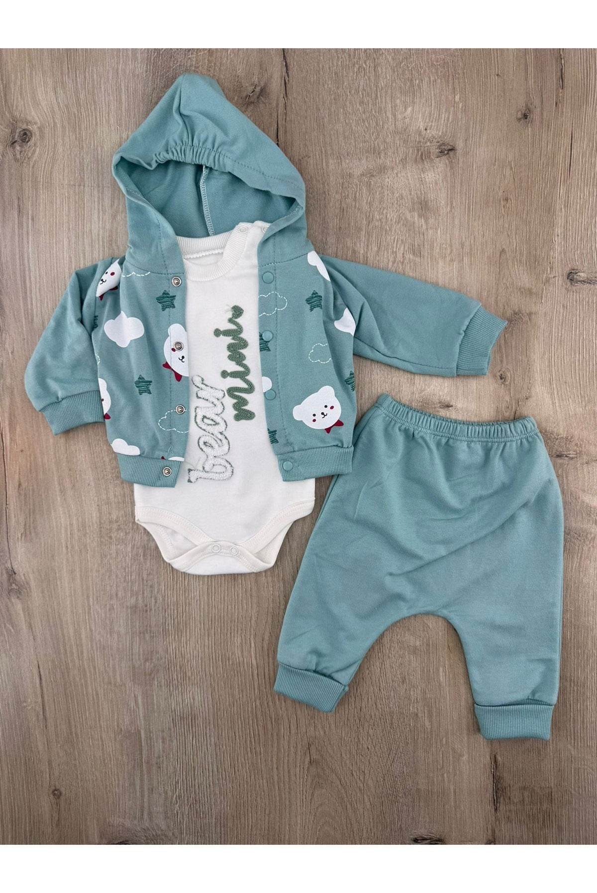 #260458 (0-9 Ay) Mini Bear Desenli Hırkalı 3Lü Takım