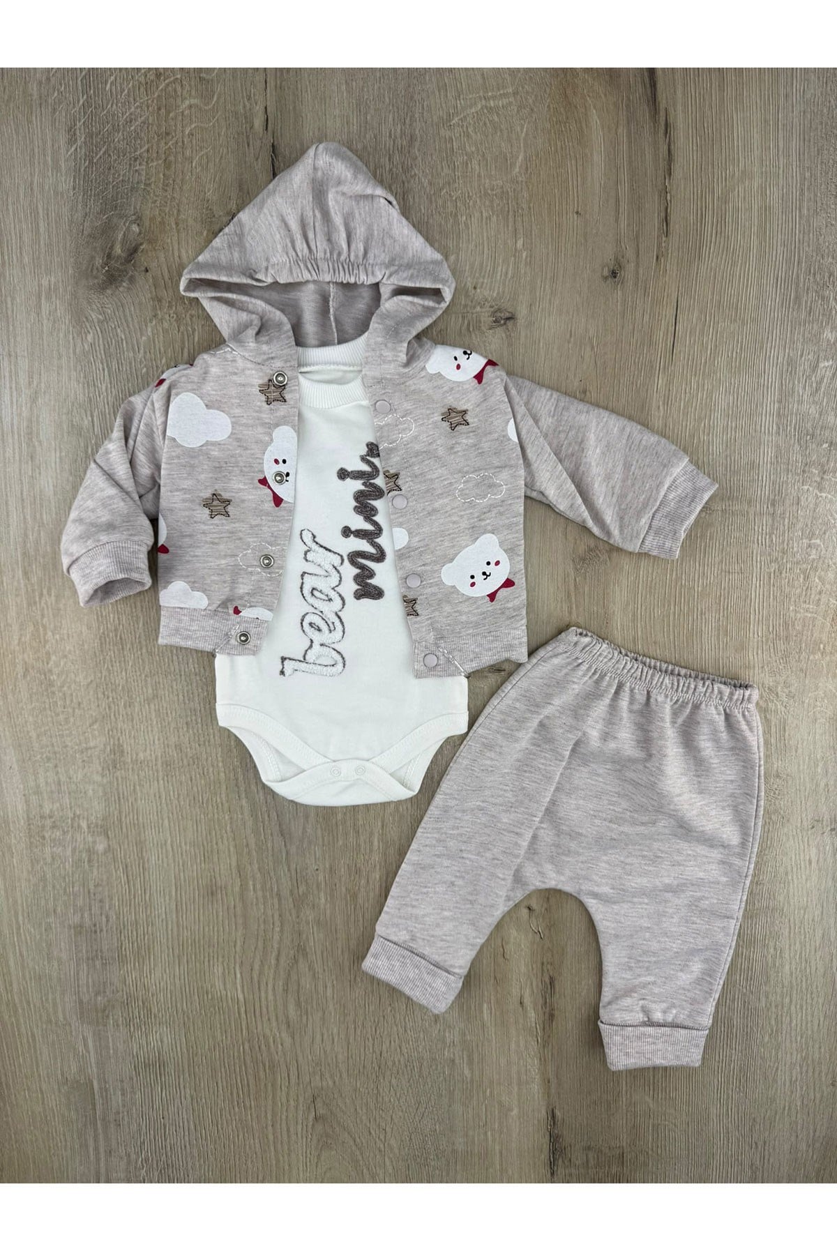 #260458 (0-9 Ay) Mini Bear Desenli Hırkalı 3Lü Takım