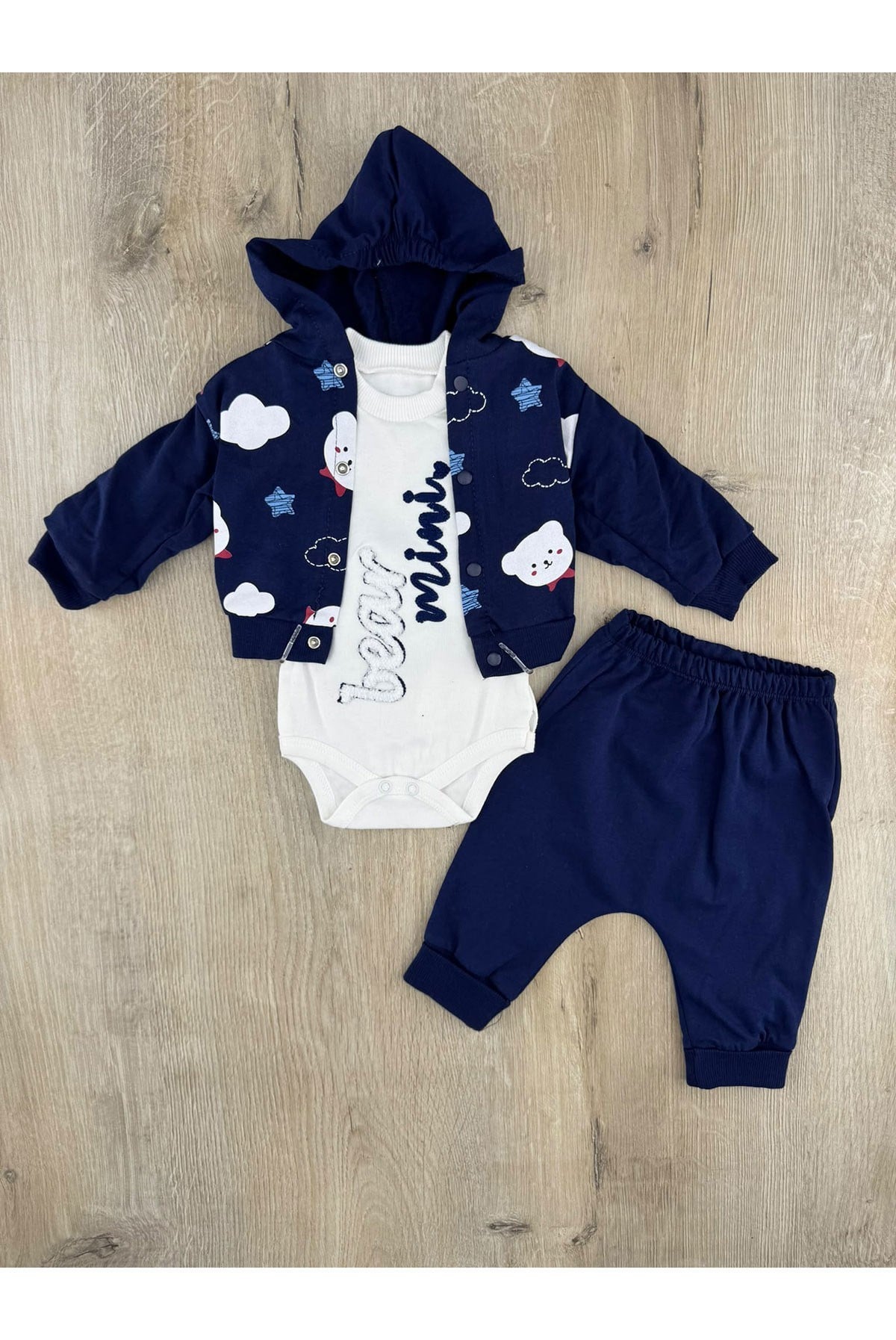 #260458 (0-9 Ay) Mini Bear Desenli Hırkalı 3Lü Takım