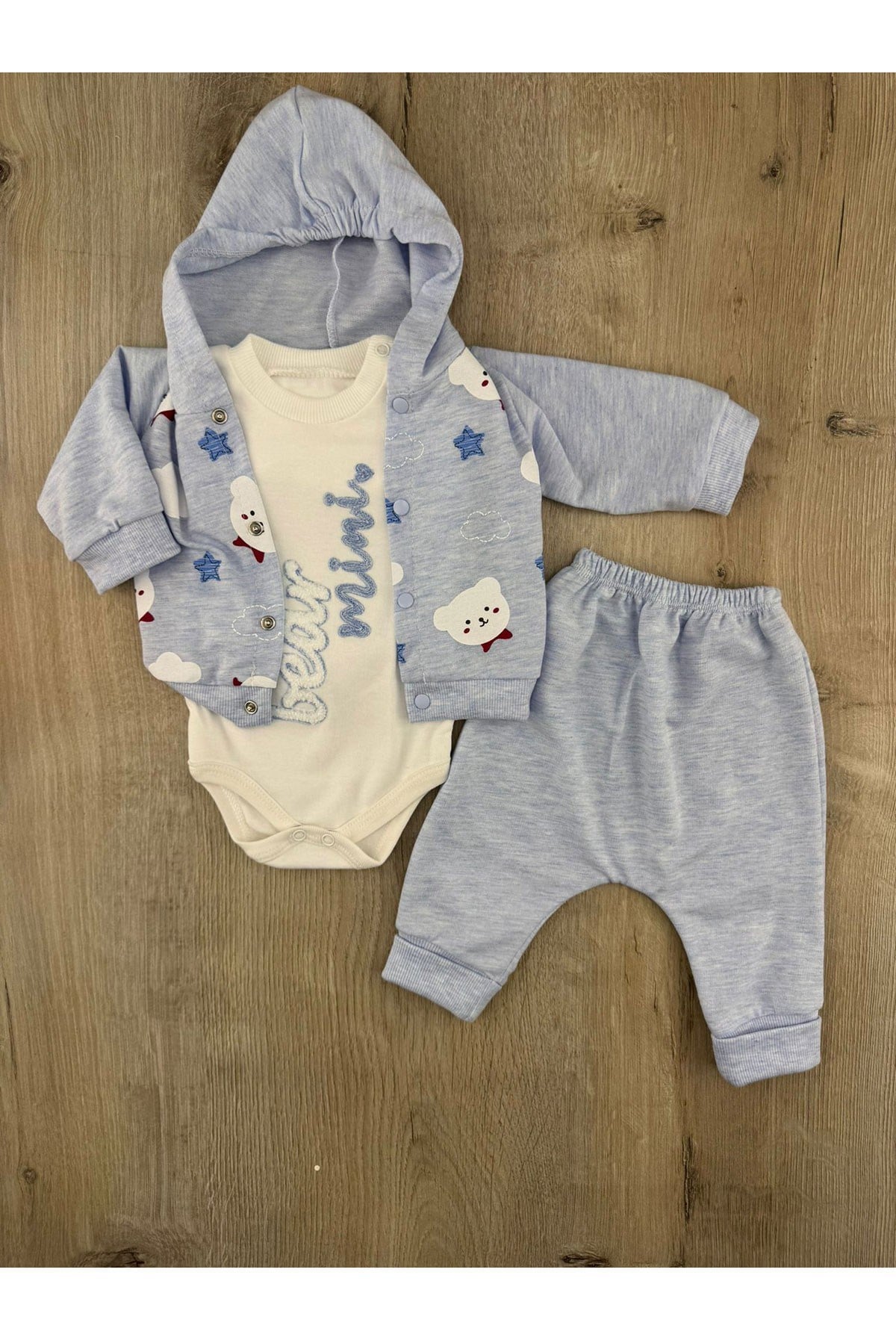 #260458 (0-9 Ay) Mini Bear Desenli Hırkalı 3Lü Takım