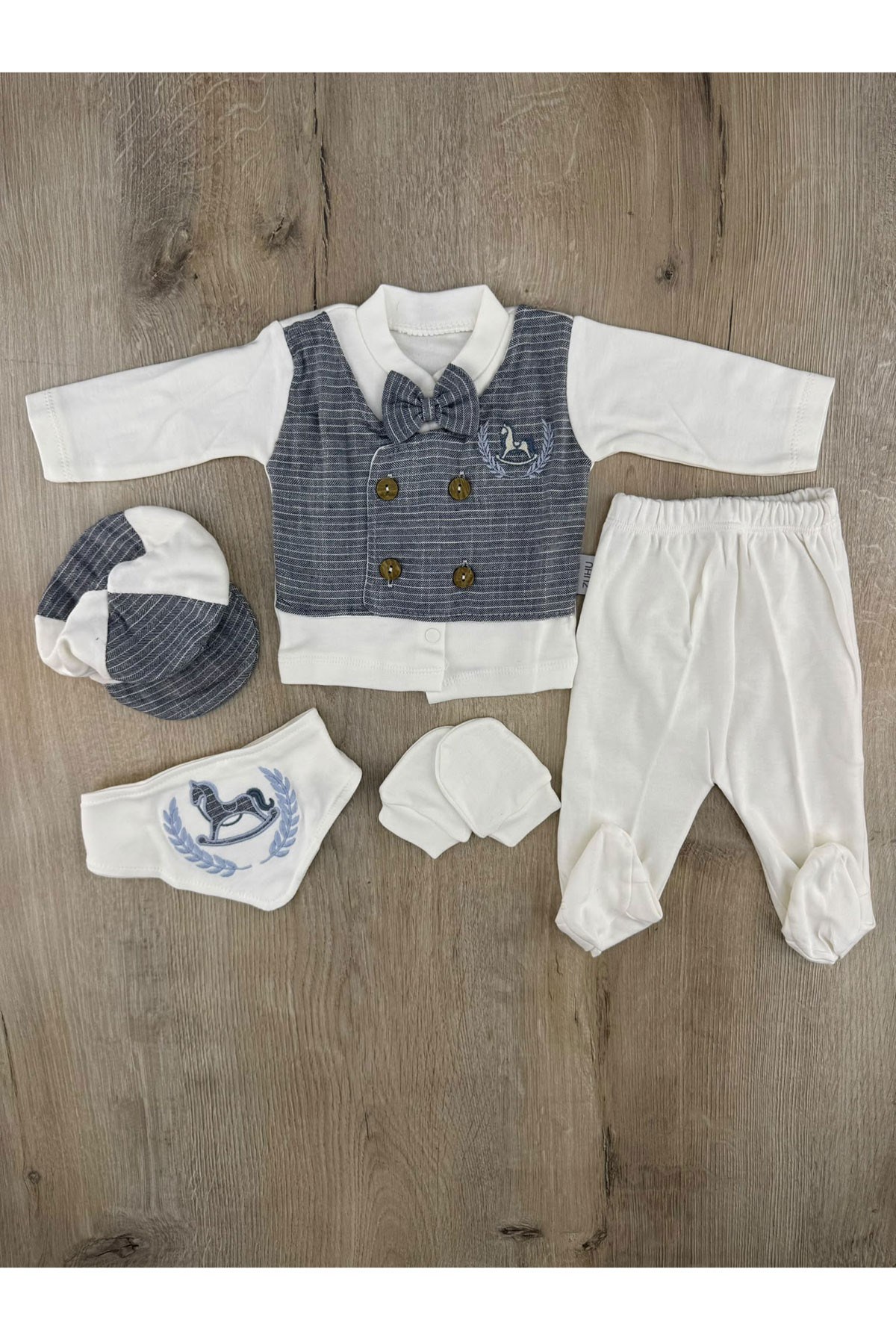 Baby Zuhu (0-3 Ay) 2028 Atlı Yelekli Papyonlu 5Li Zıbın Takımı