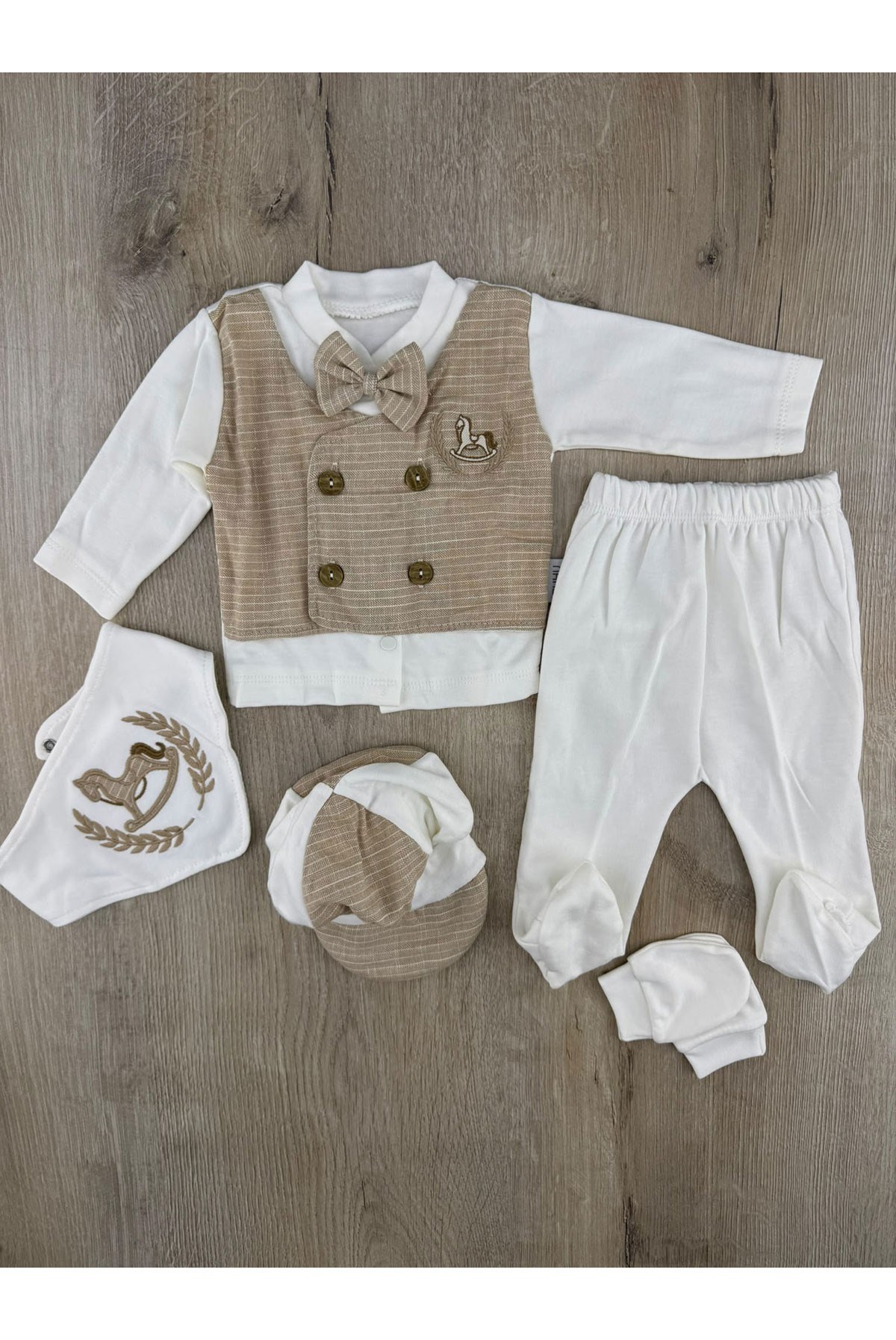 Baby Zuhu (0-3 Ay) 2028 Atlı Yelekli Papyonlu 5Li Zıbın Takımı