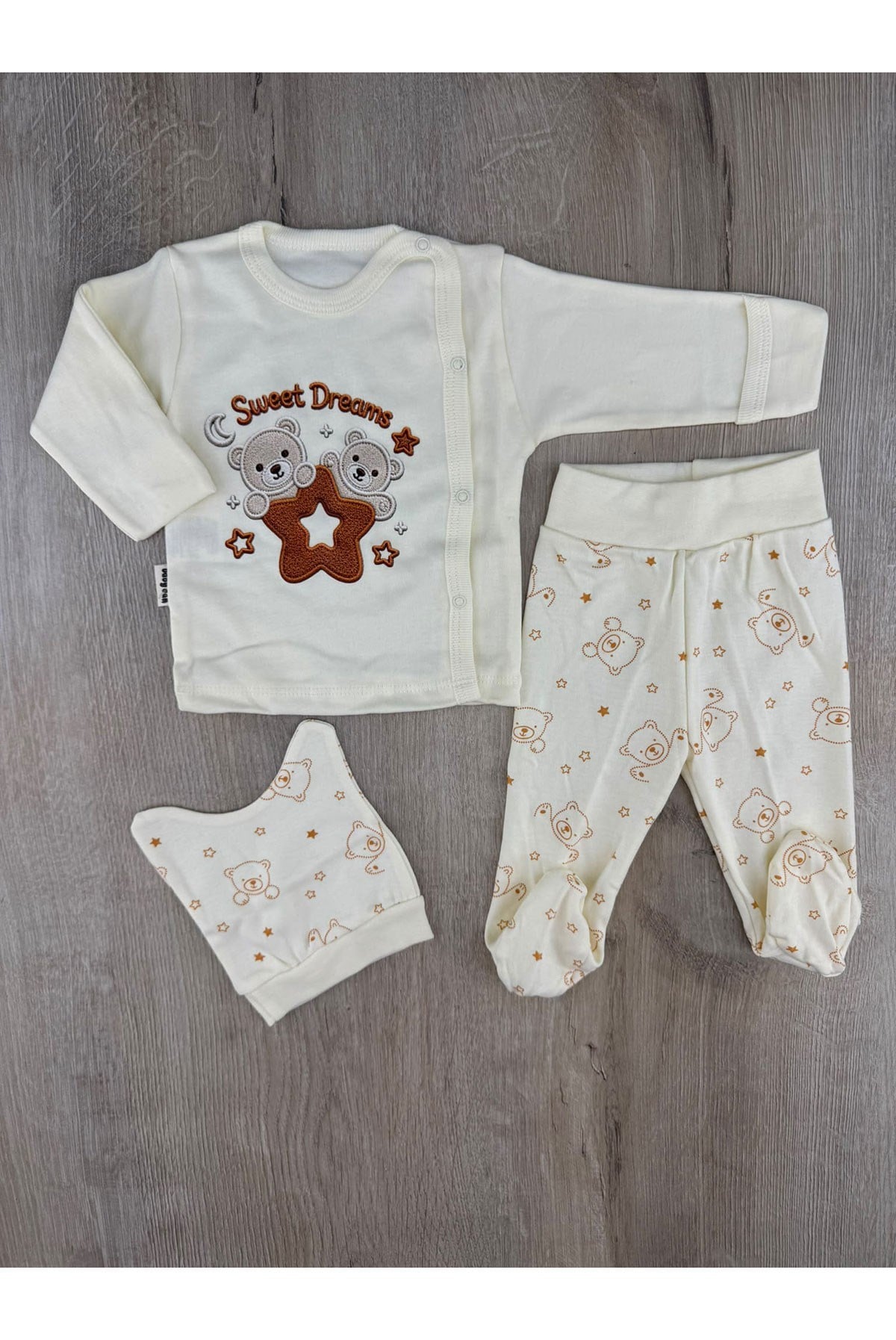 Babycan 9286 (0-3 Ay )Yıldızlı Ayıcık Desenli Kendinden Eldivenli Şapkalı Zıbın Takımı