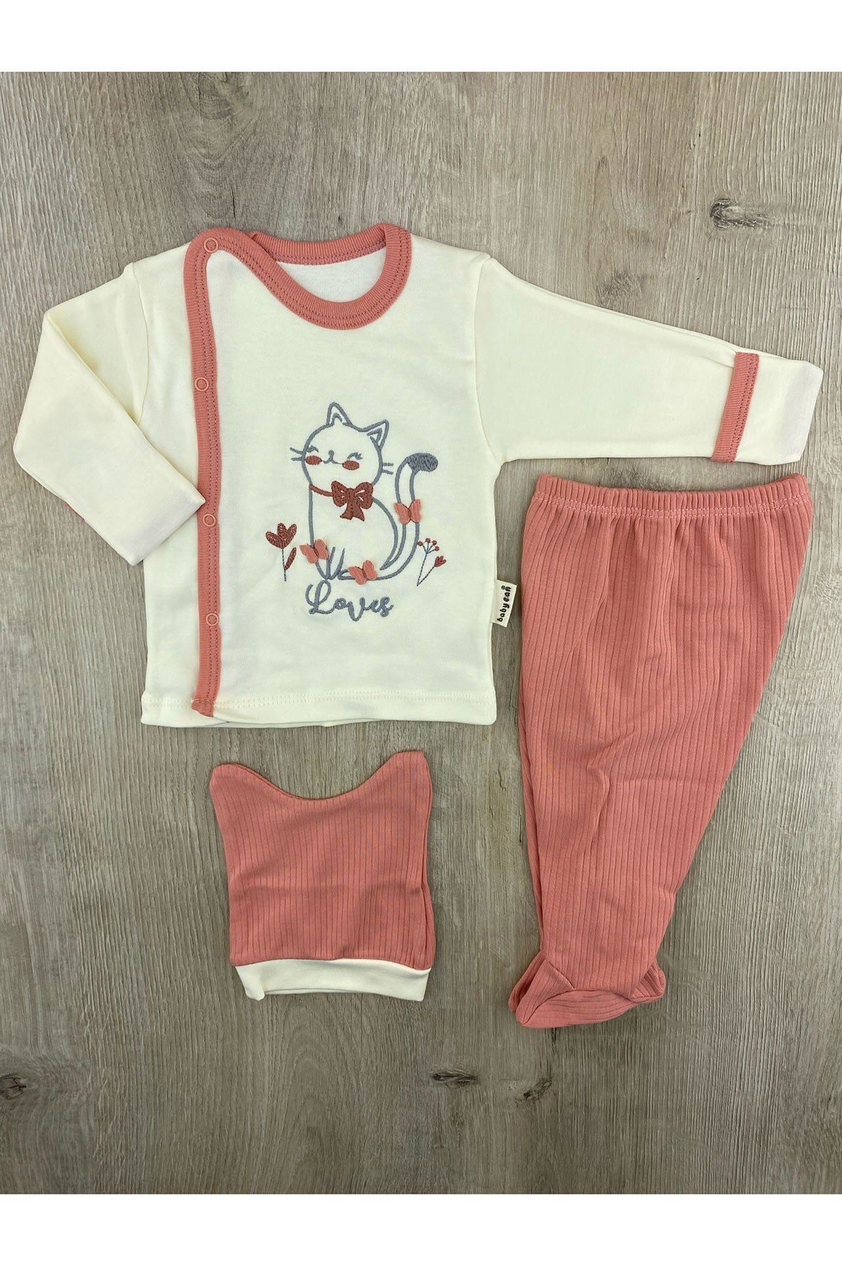Babycan 9394 Kelebekli Kedi Desenli Kendinden Eldivenli Şapkalı Zıbın Takımı