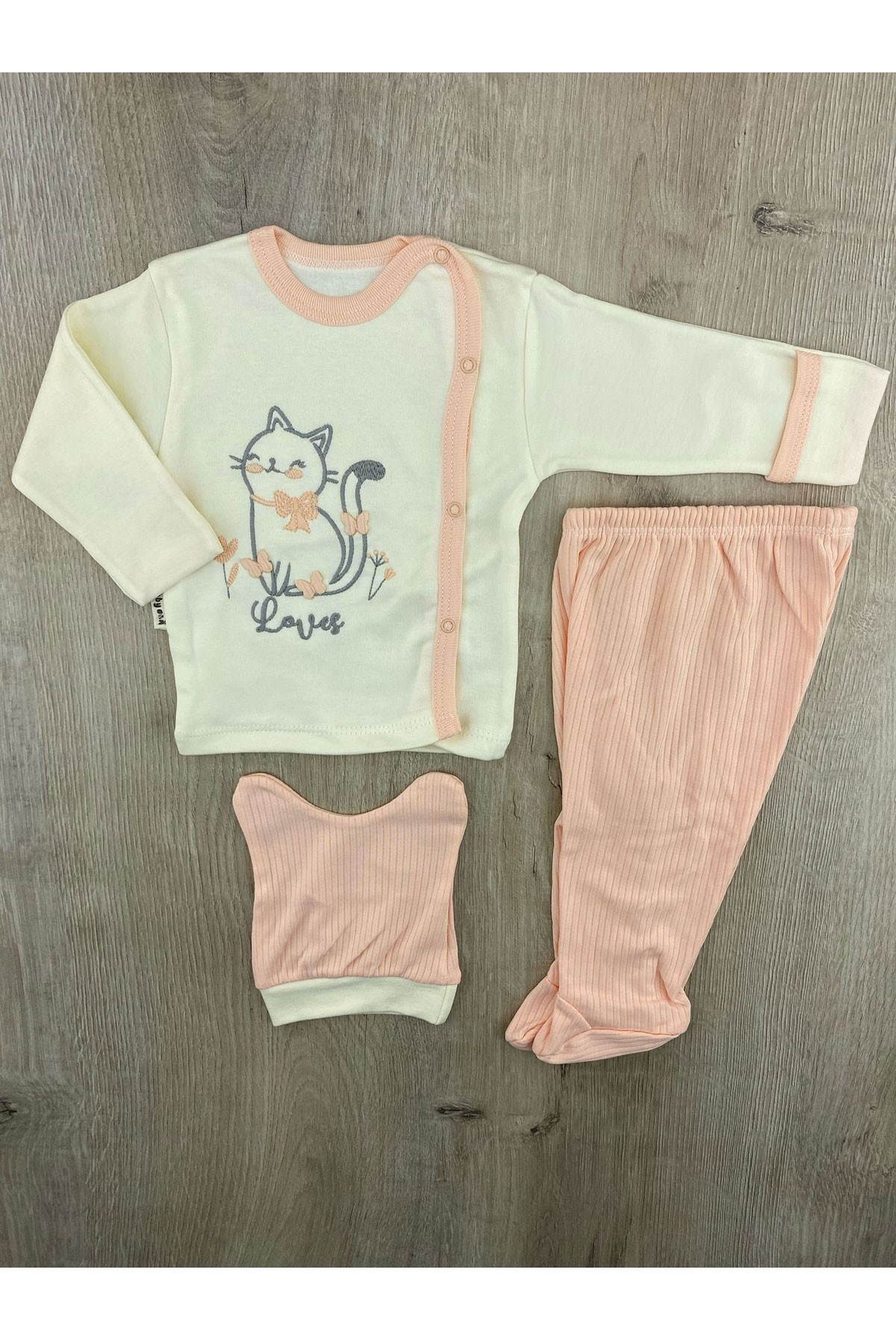 Babycan 9394 Kelebekli Kedi Desenli Kendinden Eldivenli Şapkalı Zıbın Takımı