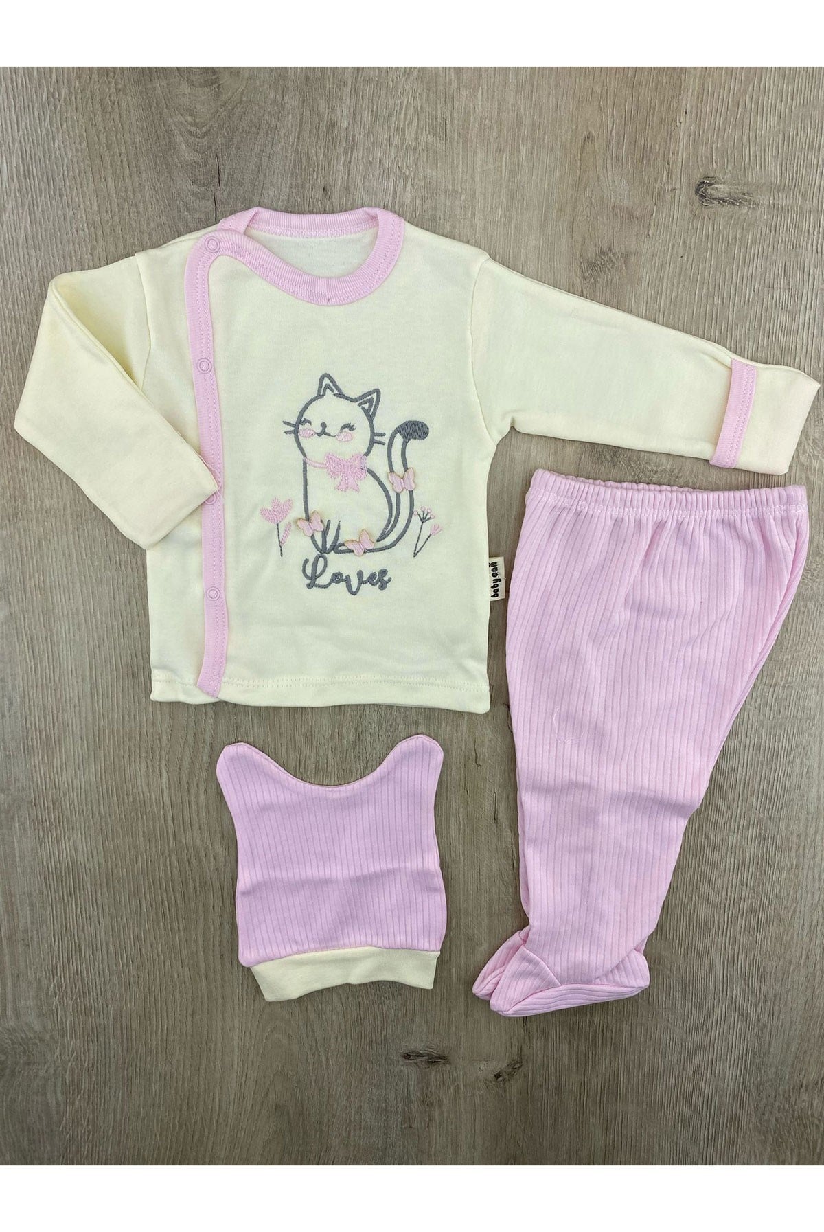 Babycan 9394 Kelebekli Kedi Desenli Kendinden Eldivenli Şapkalı Zıbın Takımı