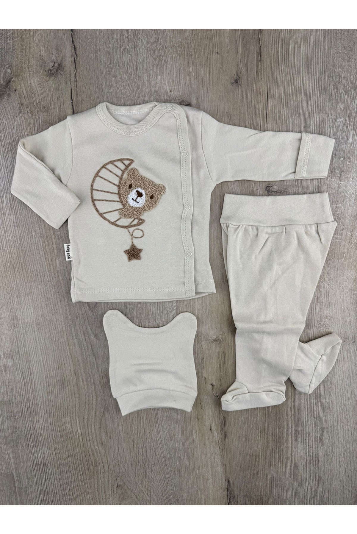 Babycan 9449 (0-3 Ay) Ay Yıldız Ayıcık Desenli Kendinden Eldivenli Şapkalı Zıbın Takımı
