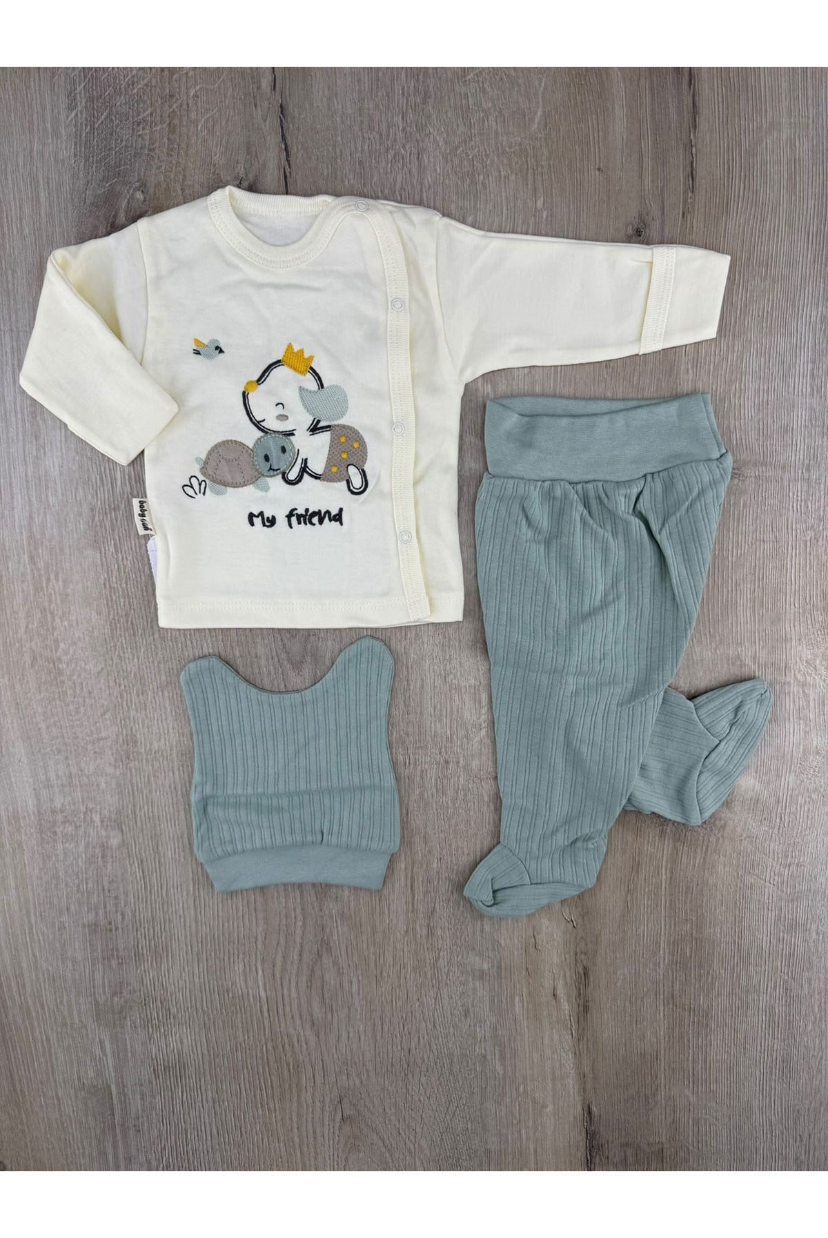 Babycan 9452 (0-3 Ay) Sevimli Kaplumbağa Desenli Kendinden Eldivenli Şapkalı Zıbın Takımı