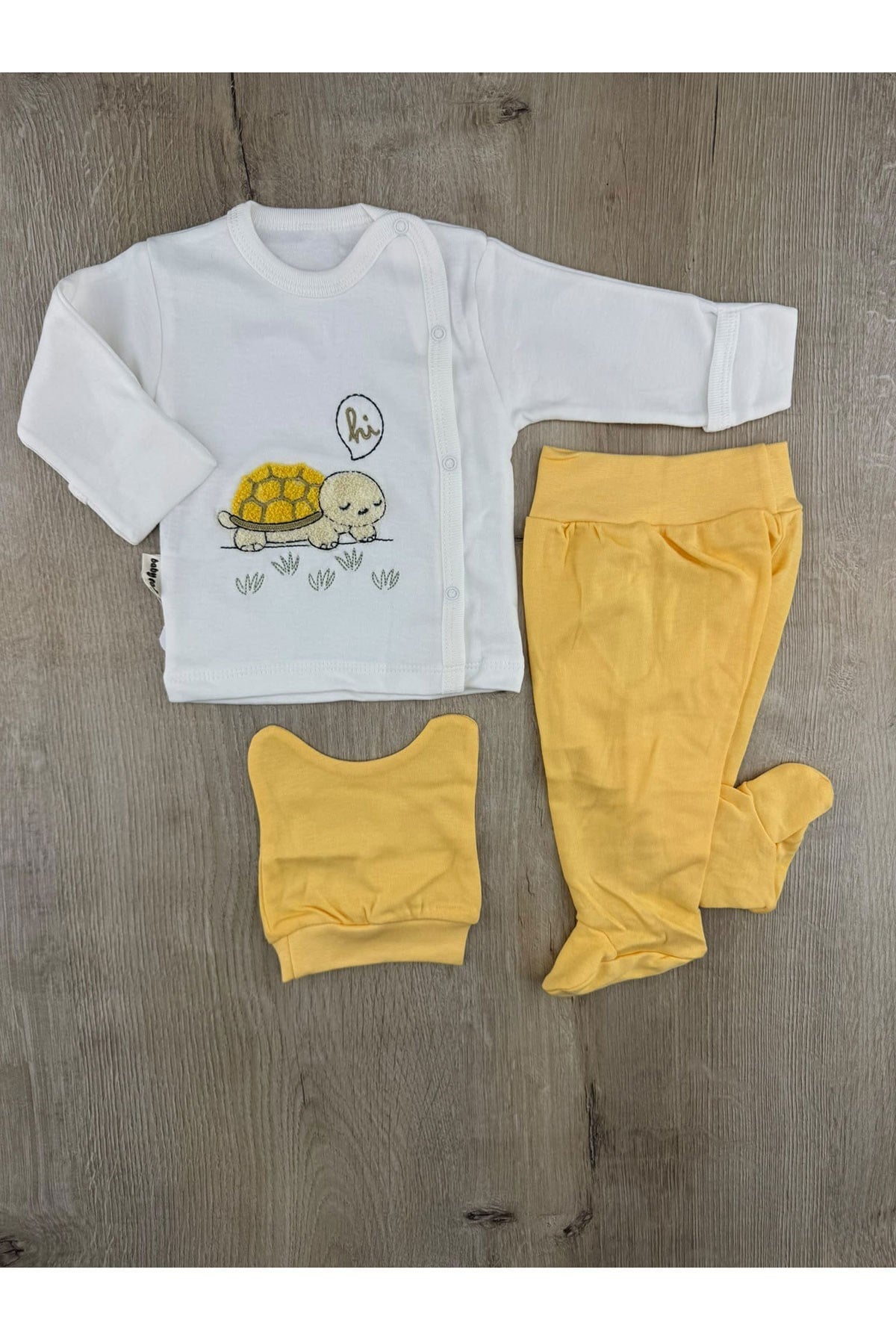Babycan 9455 (0-3 ay) Süzene Kaplumbağa Desenli Kendinden Eldivenli Şapkalı Zıbın Takımı