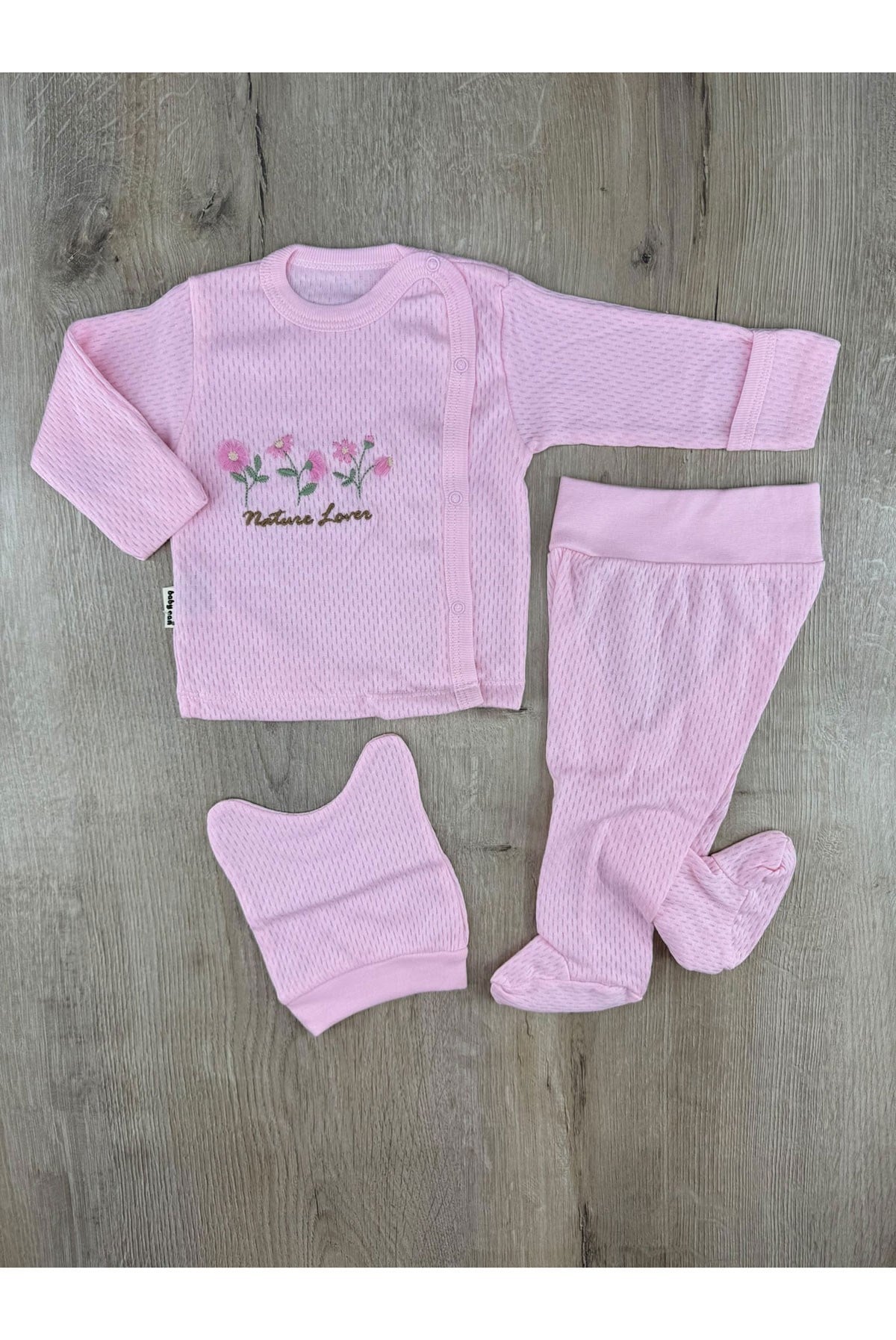 Babycan 9468 (0-3 Ay) 3 PApatya Desenli Waffle Kumaş Kendinden Eldivenli Şapkalı Zıbın Takımı