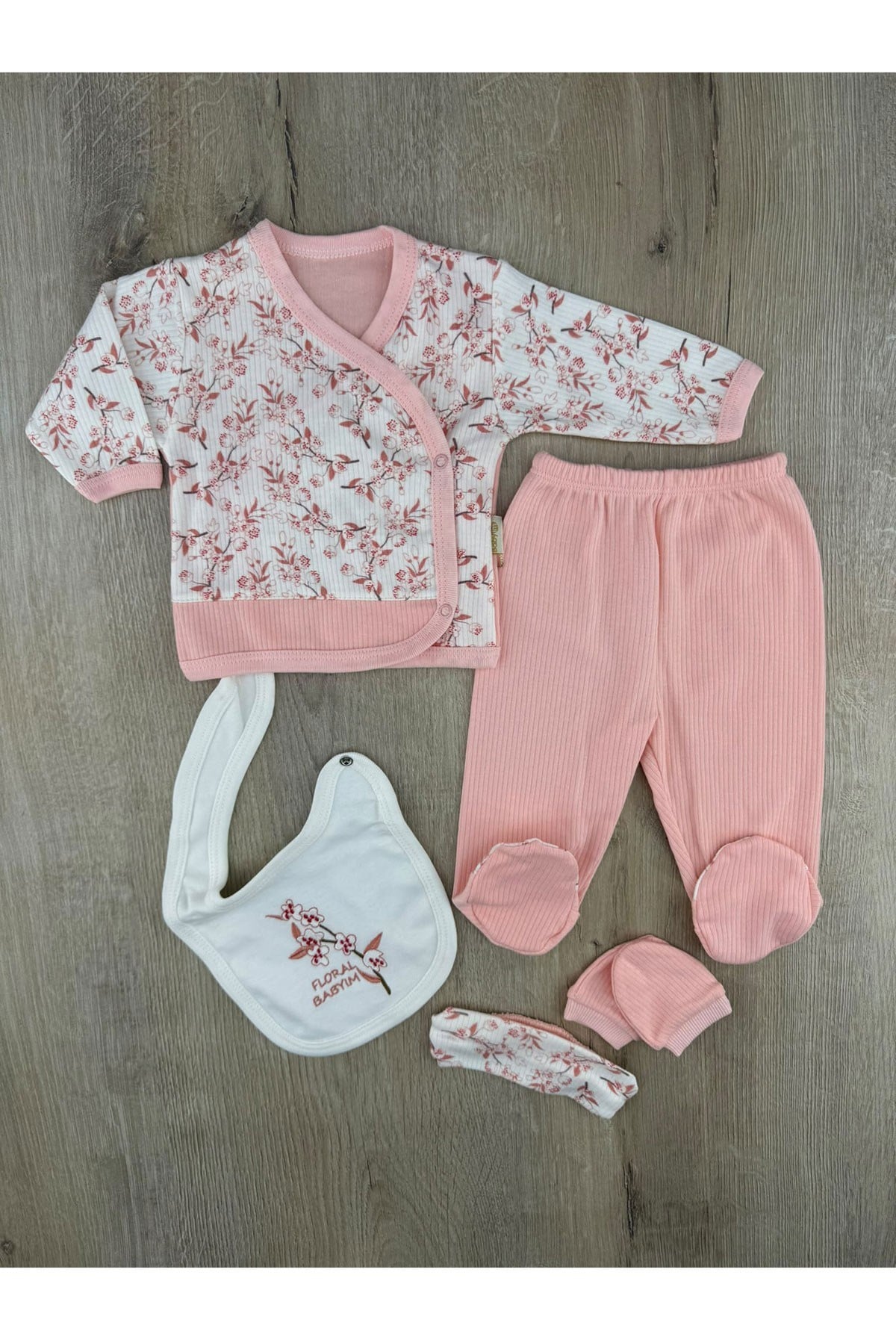 Babyim (0-3 Ay) 2336 Floral Yazılı Çiçek Desenli 5Li Zıbın Takmı