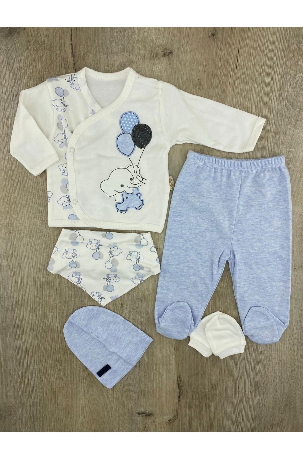 Babyim (0-3 Ay) Balon Uçuran Fil Desenli Zıbın Takımı