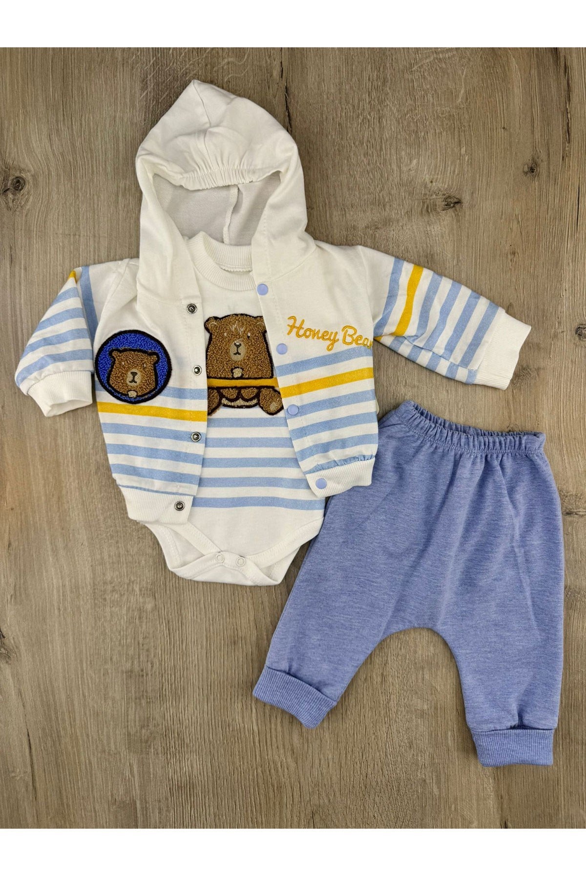 Babyim (0-9 Ay) 2033 Çizgili Sevimli Ayıcık Desenli Hırkalı 3Lü Takım
