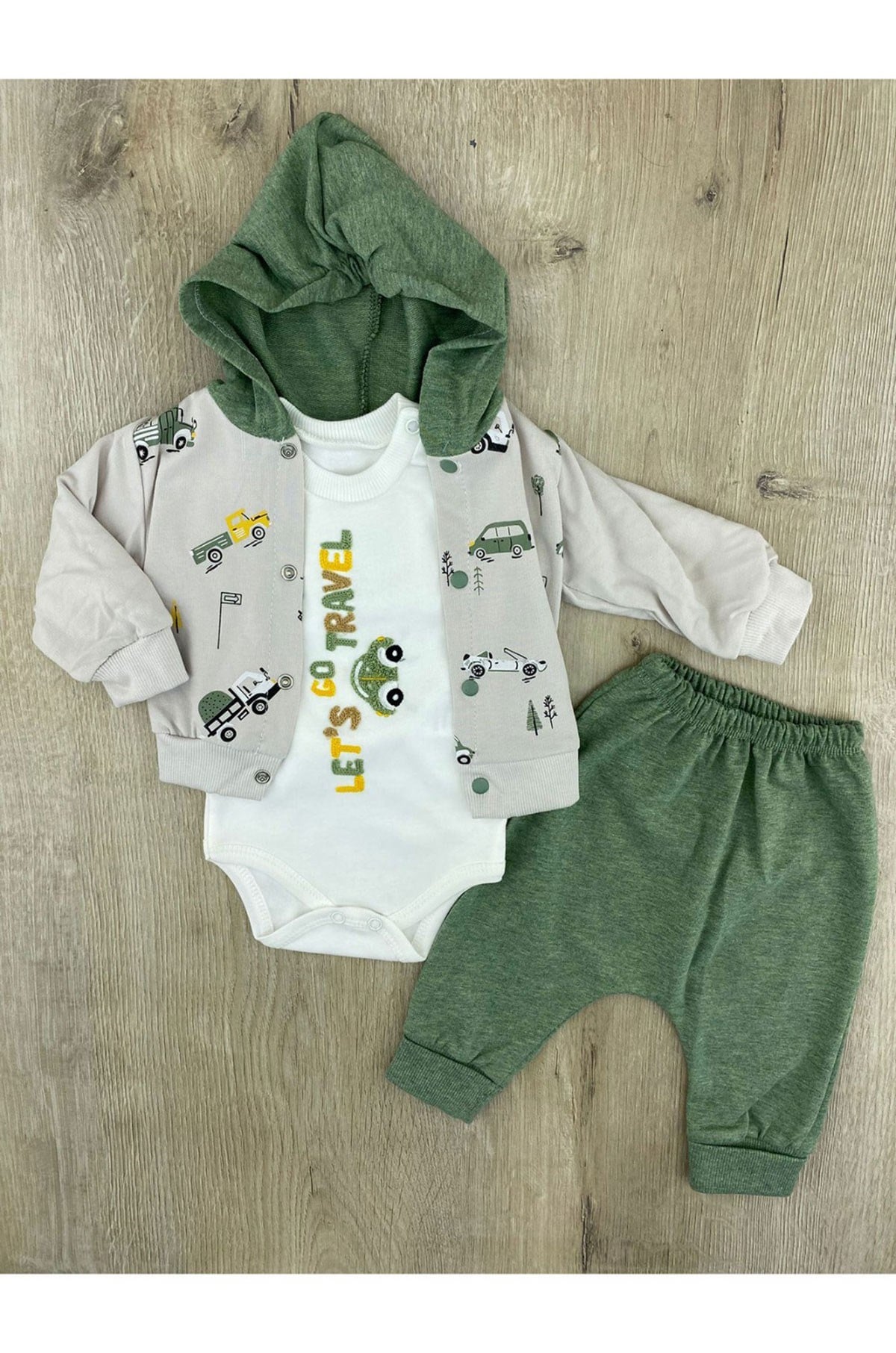 Babyim (0-9 Ay) Lets Travel Desenli Hırkalı 3Lü Takım