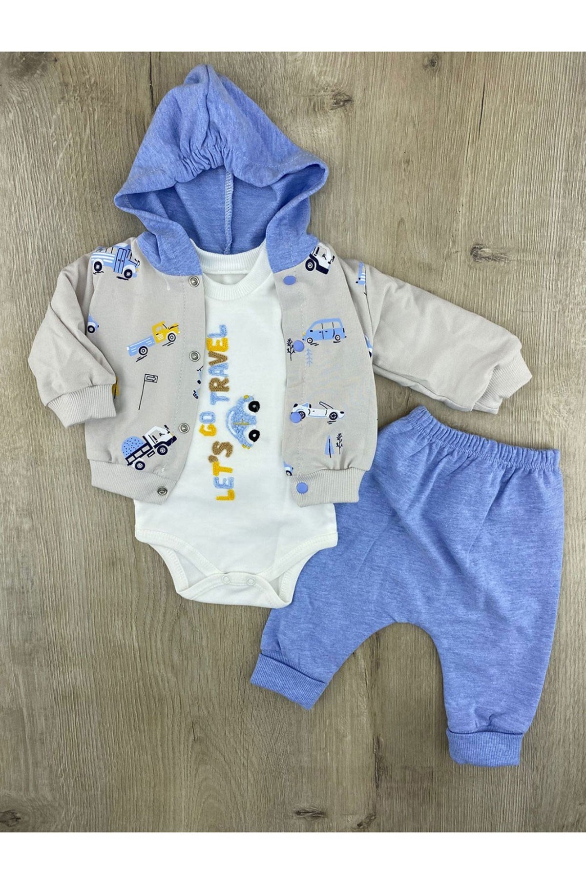 Babyim (0-9 Ay) Lets Travel Desenli Hırkalı 3Lü Takım