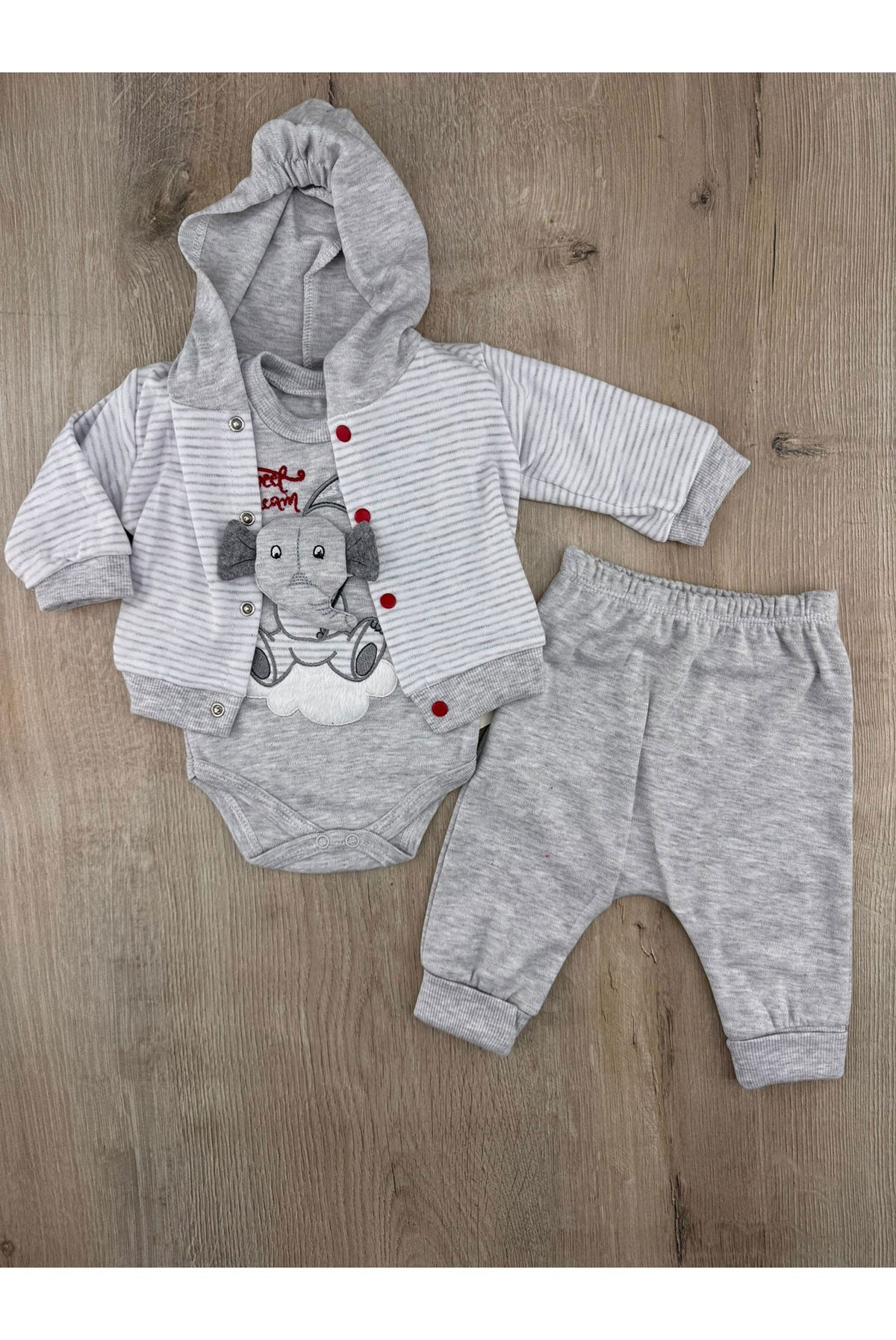Babyim (0-9 Ay) Mobil Fil Desenli Hırkalı 3Lü Takım