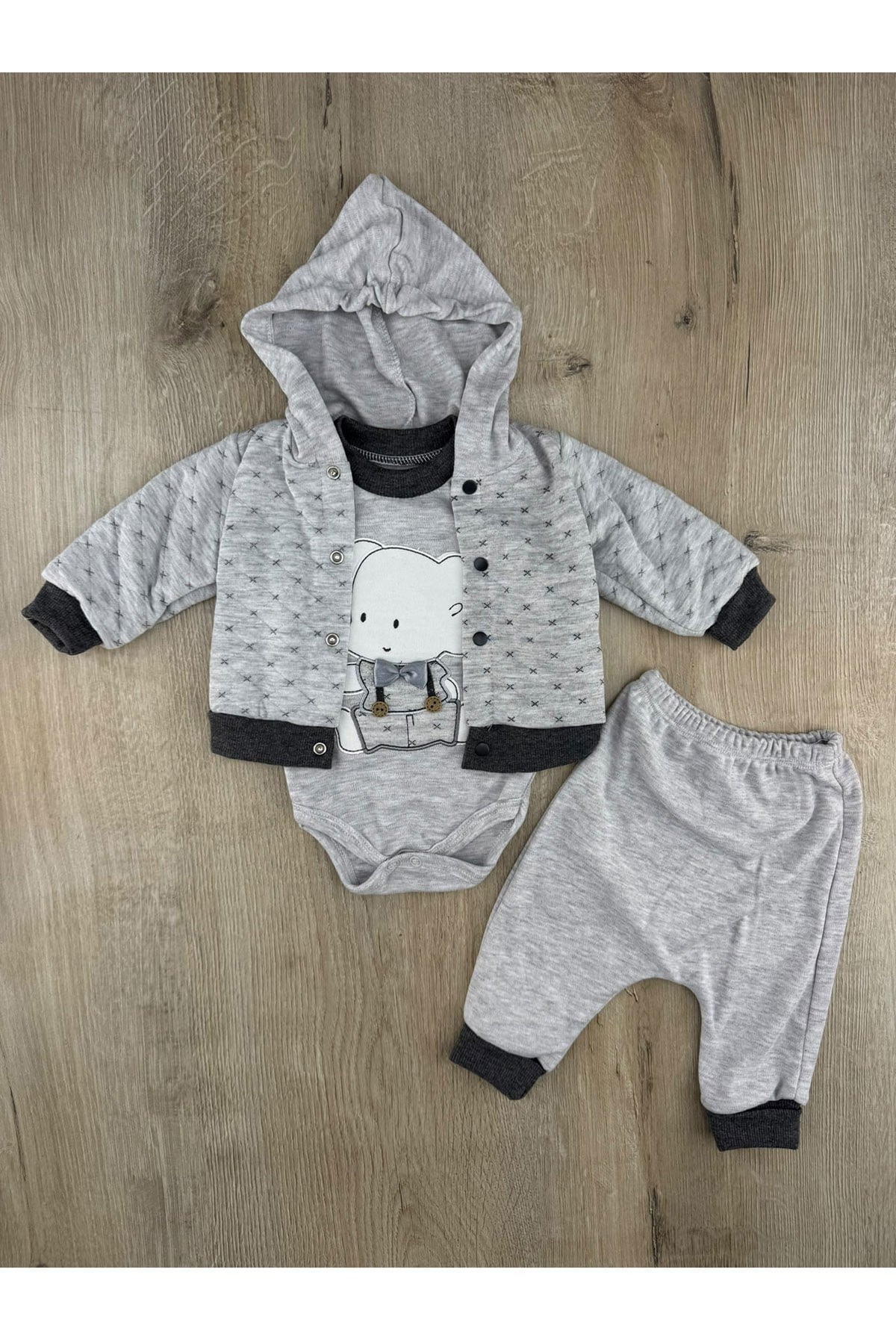 Babyim (0-9 Ay) Papyonlu Fil Desenli Hırkalı 3Lü Takım