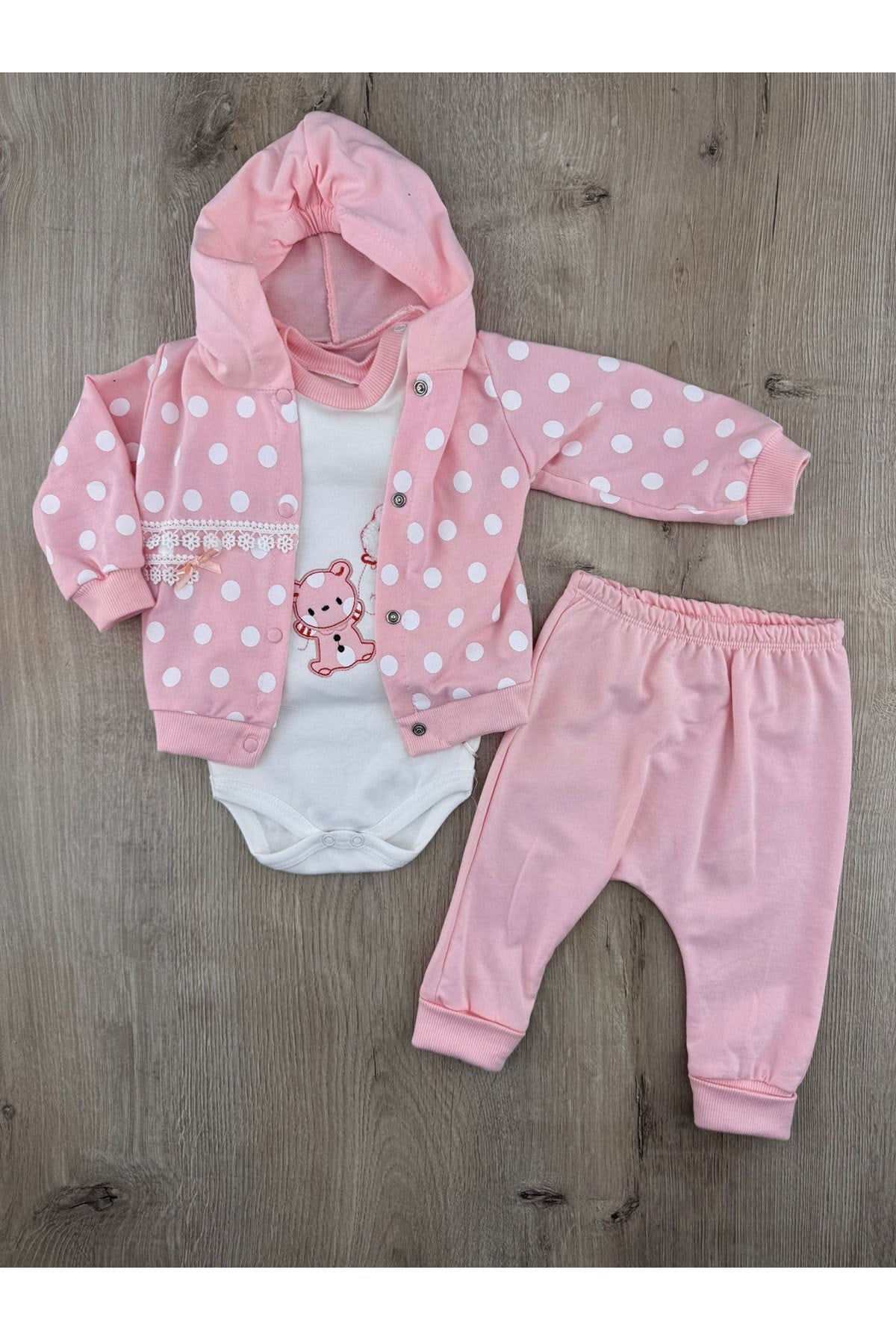 Babyim (0-9 Ay) Puanlı Ayıcıklar Desenli 3Lü Hırkalı Takım