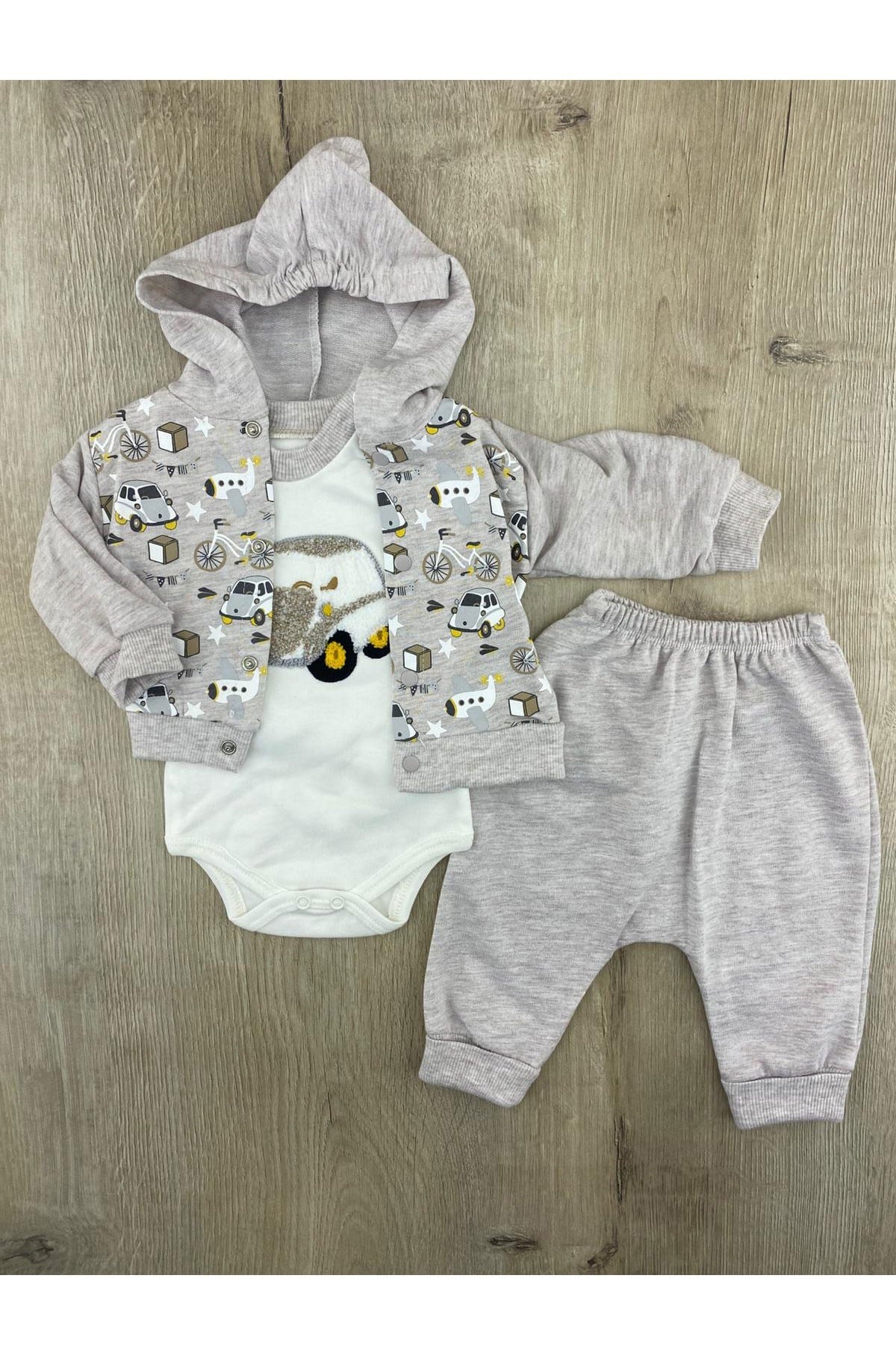 Babyim 1993 (0-9 Ay) Araba Nakışlı Hırkalı 3lü Takım