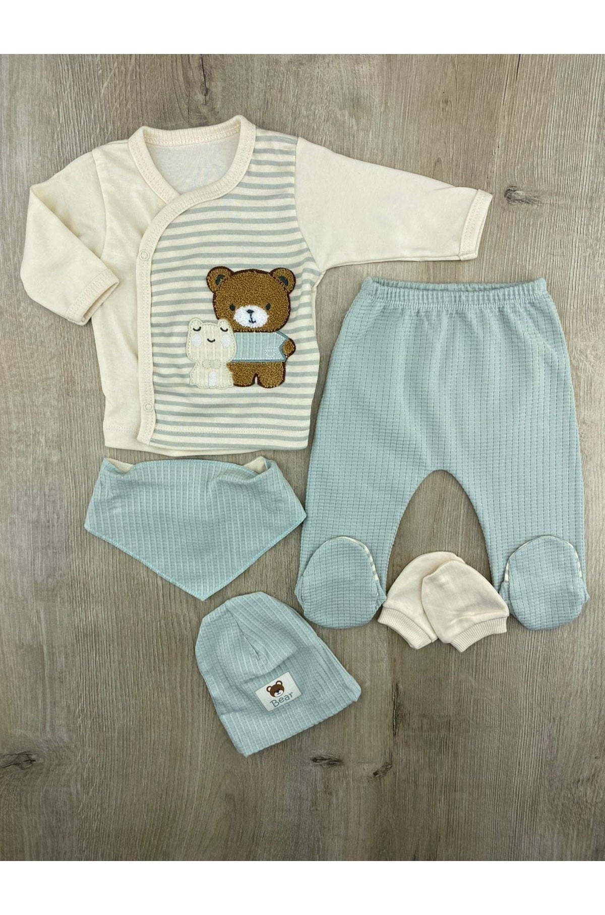 Babyim 2211 (0-3 Ay) Çizgili Kurbağa Ayıcık Desenli 5Li Zıbın Takımı