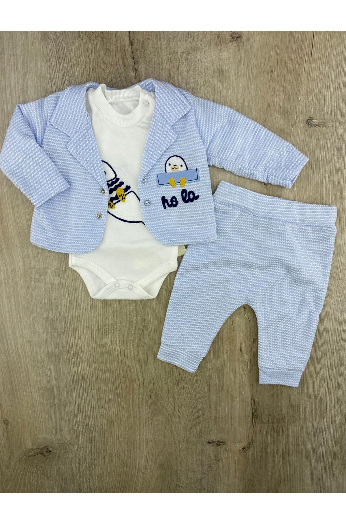 Babyim 2243 (0-9 Ay) Hola Desenli 3Lü Hırkalı Erkek Takım