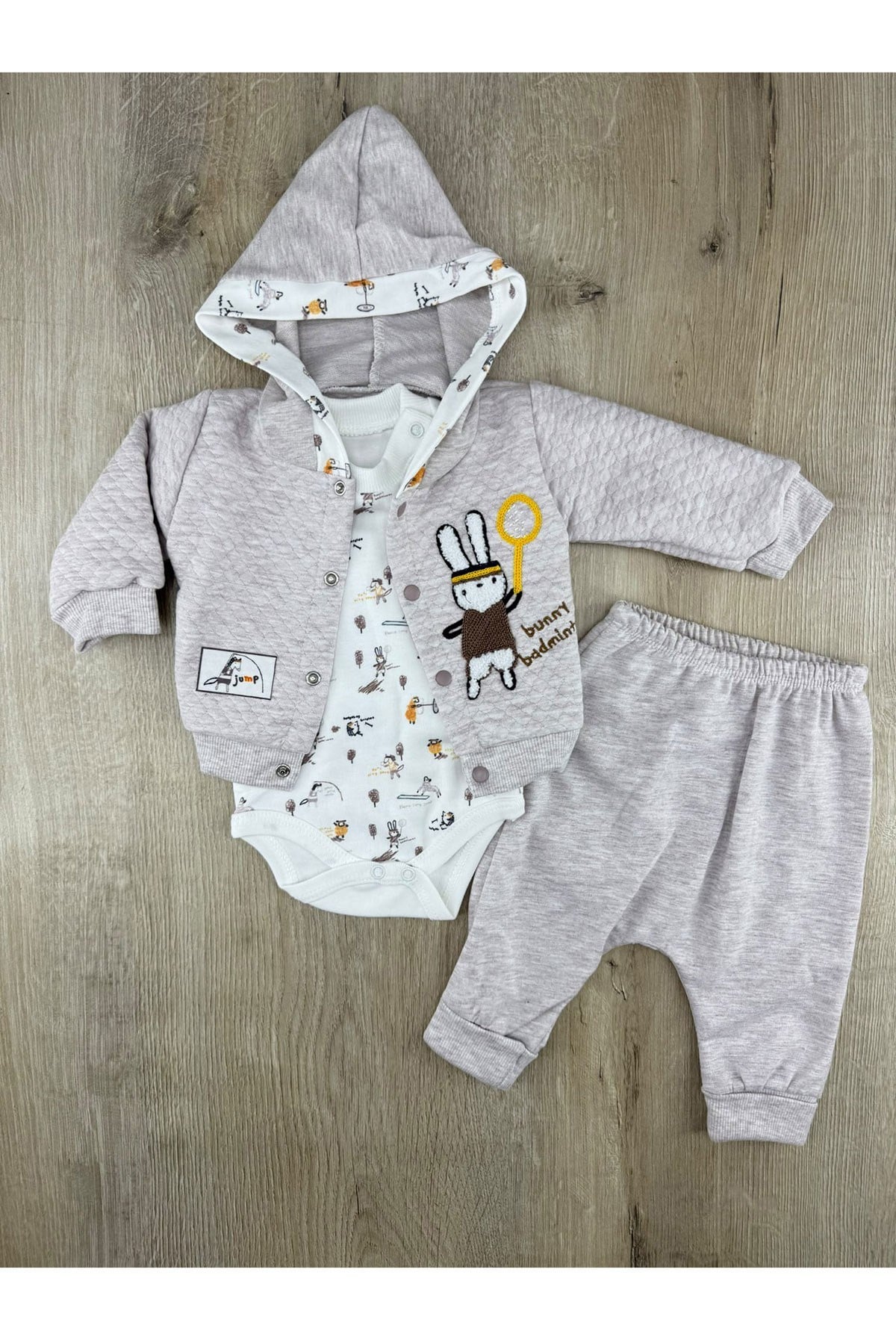 Babyim 2262 (0-9 Ay) Tenisçi Tavşan Desenli Hırkalı 3Lü Takım