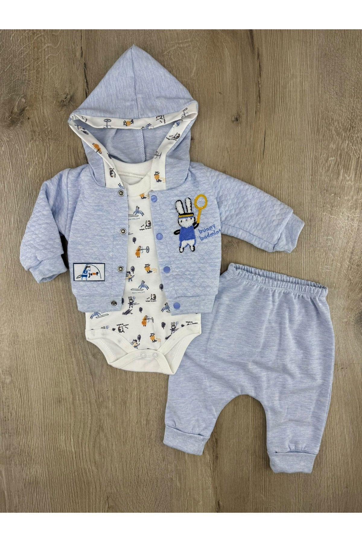 Babyim 2262 (0-9 Ay) Tenisçi Tavşan Desenli Hırkalı 3Lü Takım