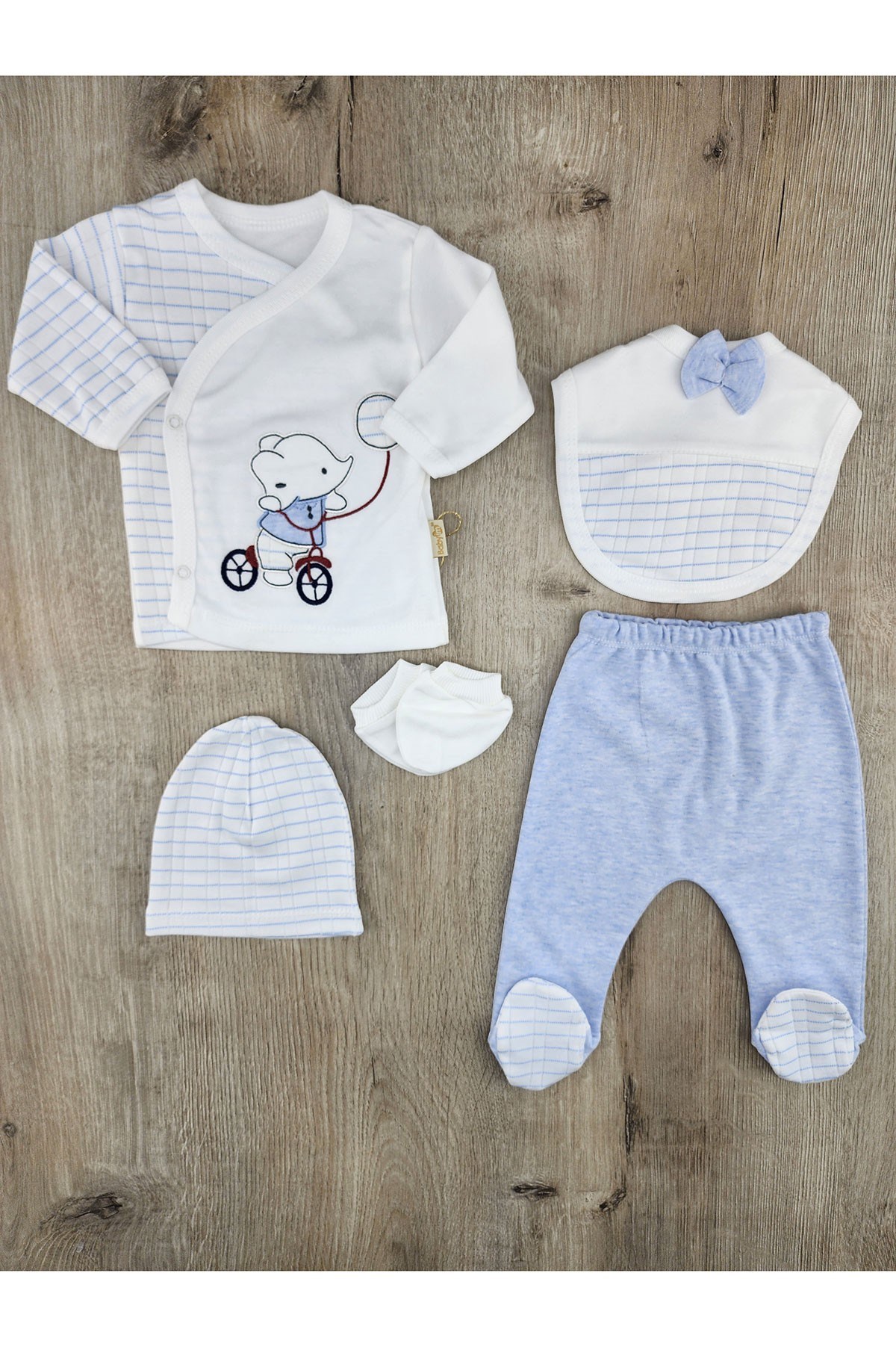 Babyim 2296 (0-3 Ay) Bisiklet Süren Fil Desenli Papyonlu Zıbın Takımı