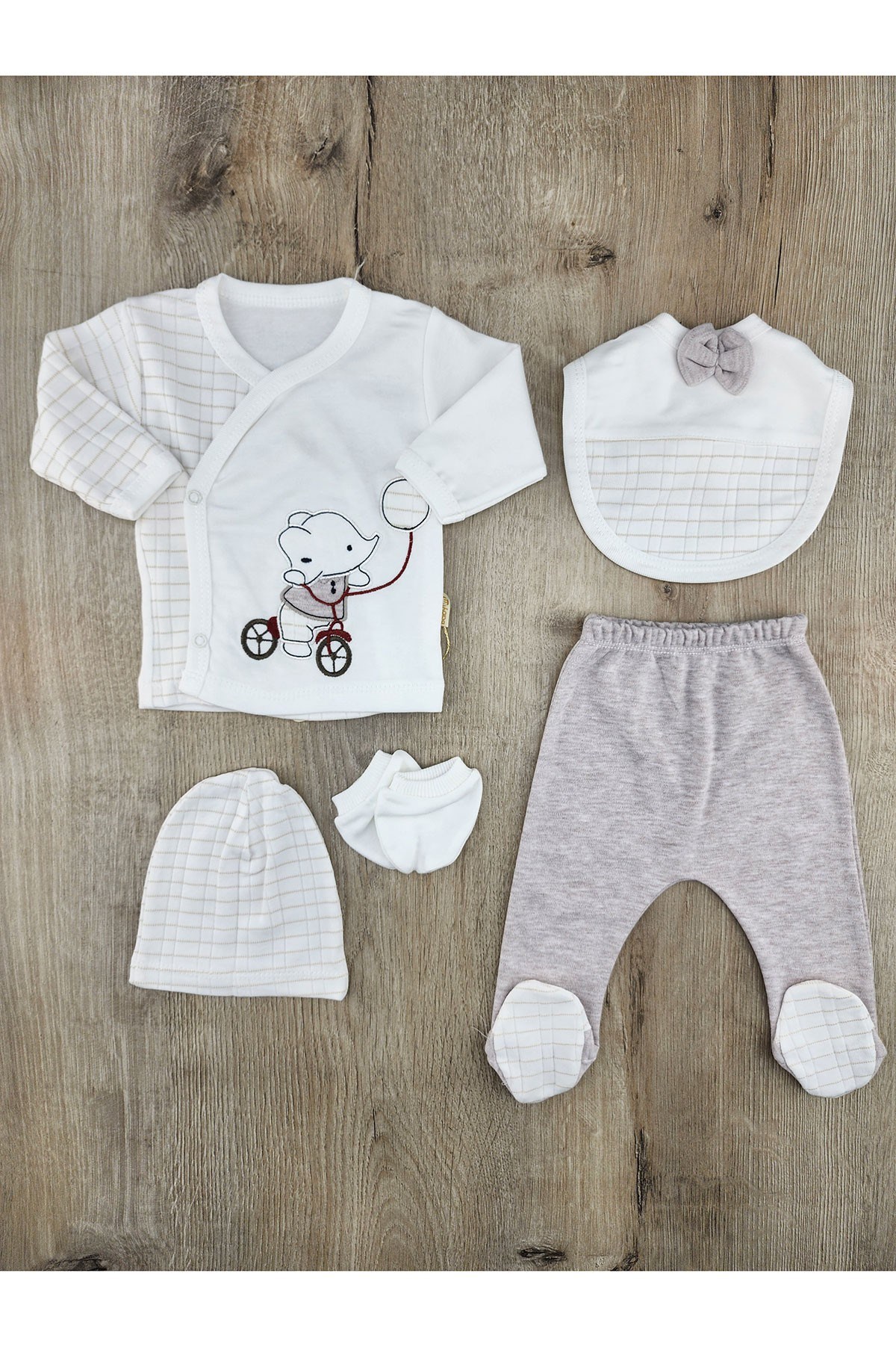 Babyim 2296 (0-3 Ay) Bisiklet Süren Fil Desenli Papyonlu Zıbın Takımı