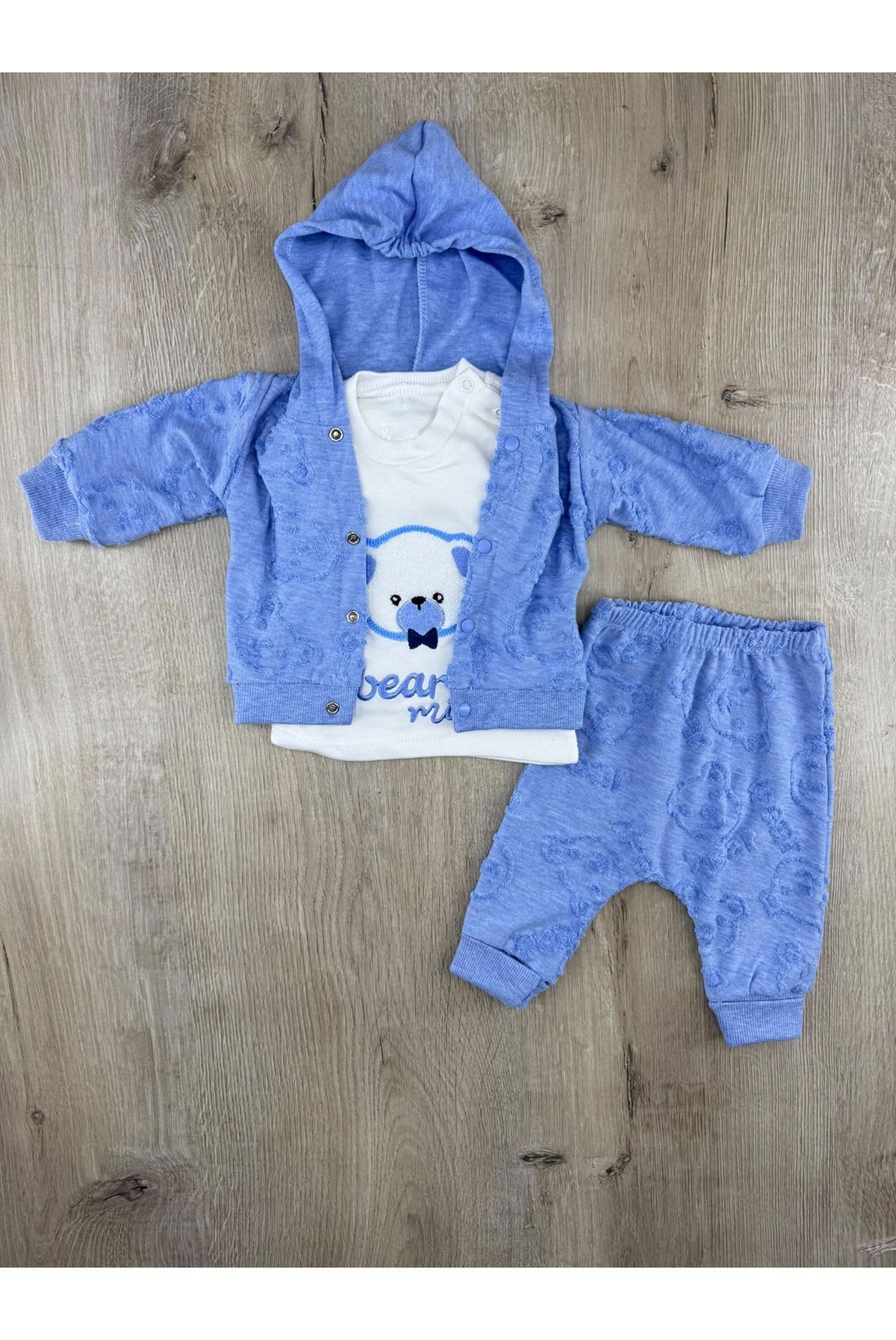 Babyim 2342 (0-9 Ay) Papyonlu Ayıcık Desenli 3Lü Hırkalı Takım