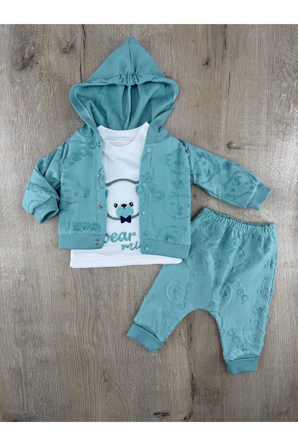 Babyim 2342 (0-9 Ay) Papyonlu Ayıcık Desenli 3Lü Hırkalı Takım