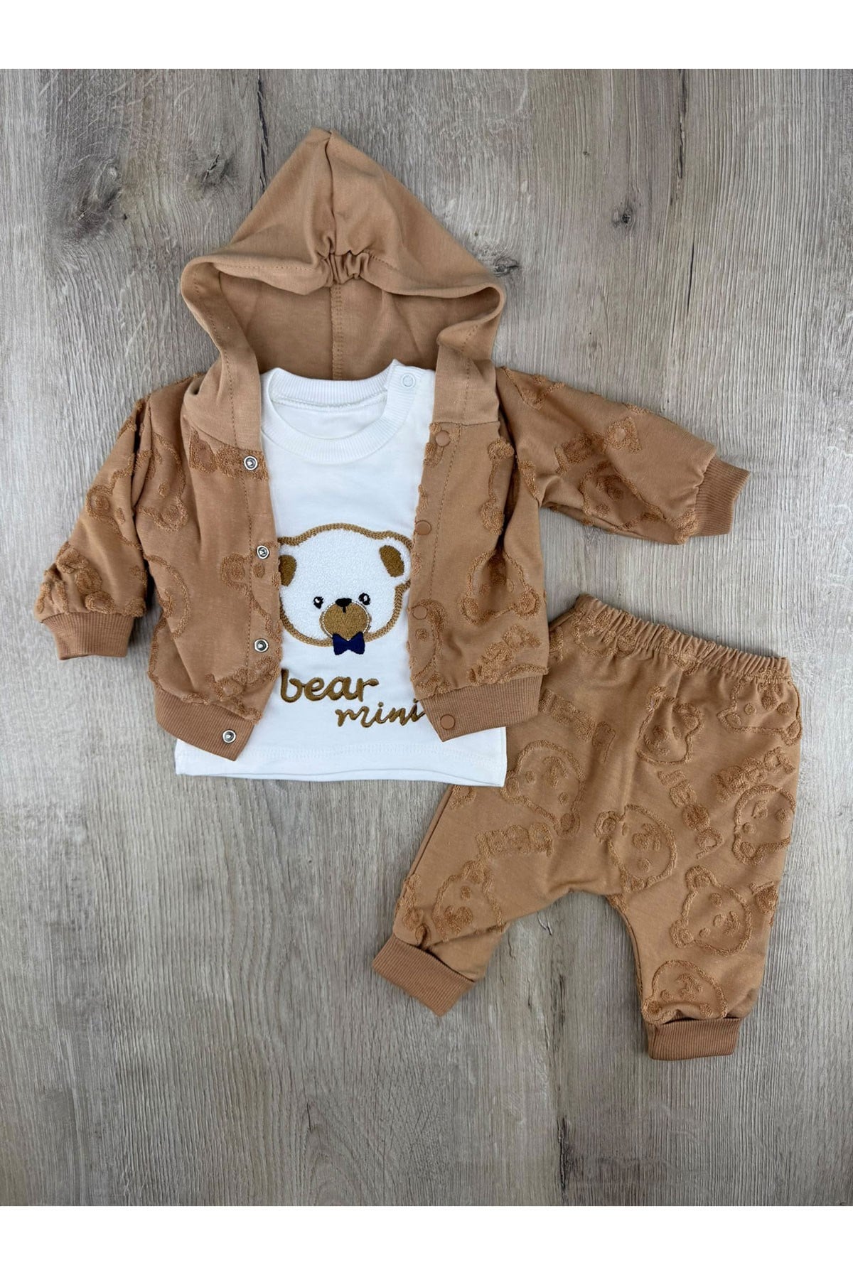 Babyim 2342 (0-9 Ay) Papyonlu Ayıcık Desenli 3Lü Hırkalı Takım