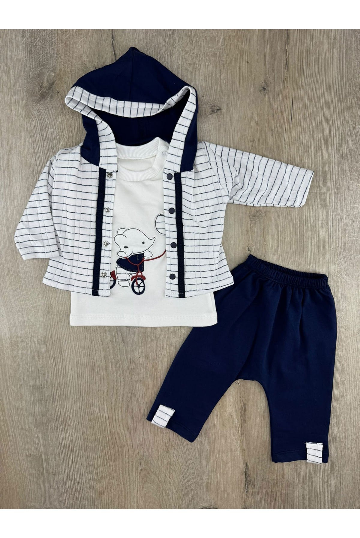 Babyim 2350 (0-9 Ay) Bisiklet Süren Fil Desenli Hırkalı 3Lü Takım