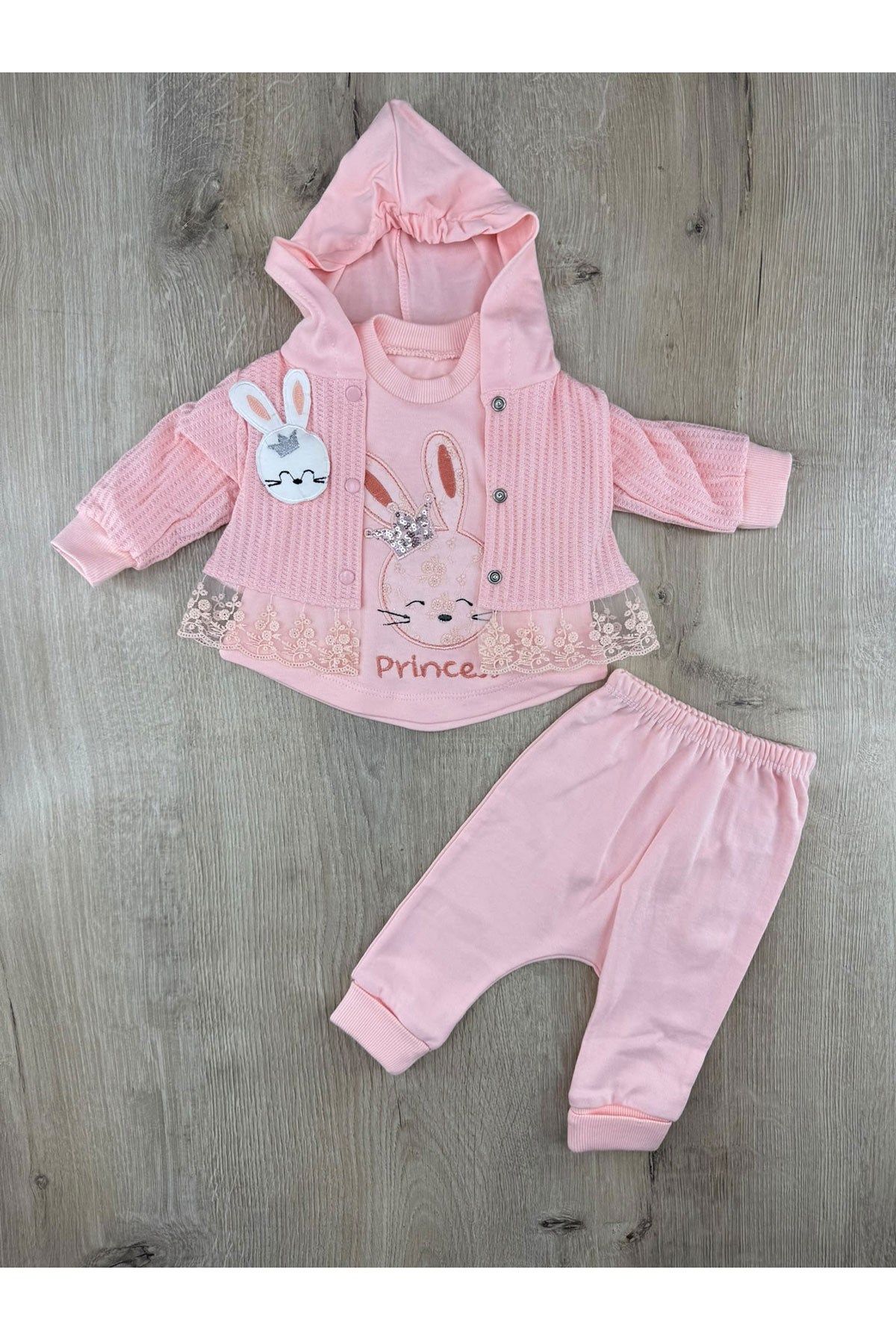 Babyim-62 (0-9 Ay) Tavşan Oyuncaklı Dantelli 3Lü Hırkalı Takım